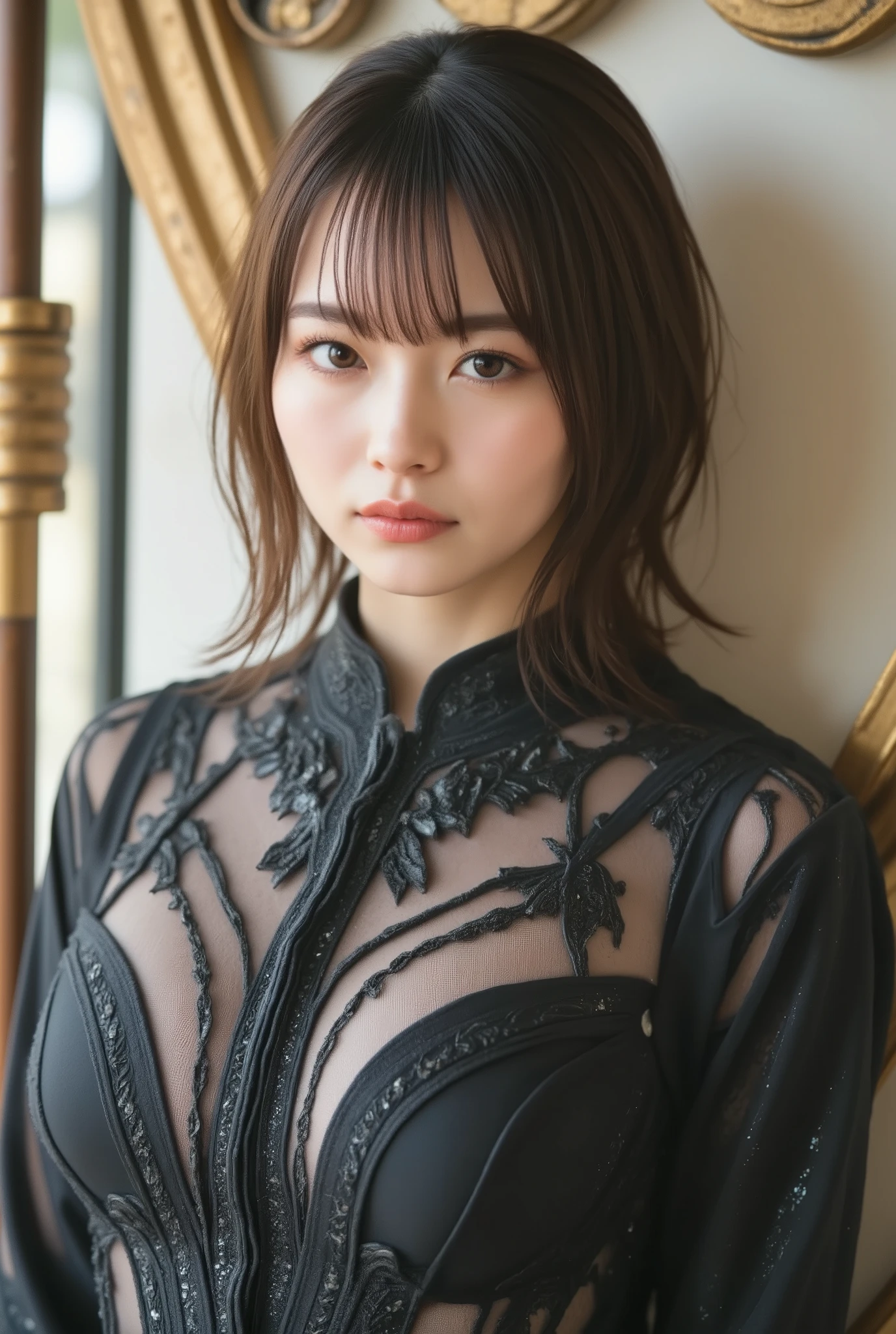 [Photorealsitic], Colossal ，Beautuful Women，Bigchest，Large breasts，The chest is huge，crisp breasts，full，red rip，s girl，adolable，ssmile，Shirai Shirai，Realistic style，Realiy，amazing detailed，Ninja clothes