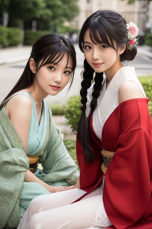 Masterpiece, best quality, official art, 8k wallpaper, very detailed, illustration, couple, snuggled together, brown hair, long hair, detailed eyes, Forrest Gump, bare shoulders, hanfu, lake, pure, soft smile, bamboo, tea