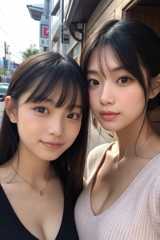 Ultra-realistic、High resolution、High resolution 8K photorealistic images。Scenes of Japanese sisters who look completely different。My sister is big, Beautiful Face, Long black hair.、Kind eyes、Elegant atmosphere。my sister is short、Has short brown hair.、Lively expressions、She has a baby face and ???????????、Wearing ???? clothes.。background, People at an open-air cafe in Paris々sits.。Warm natural light pours in。Both facial details are clearly visible.、If so、everyone'personality。Create photo book-like page layouts。Detailed human skin:1.24