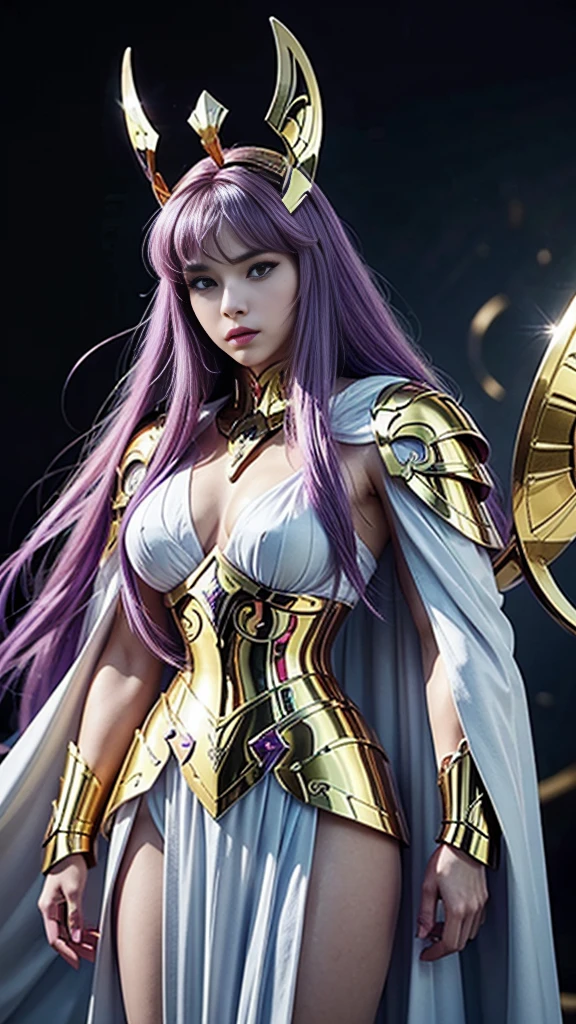 offcial art,统一 8k 壁纸,ultra - detailed,Beauty and aesthetics,high high quality,Valkyrie,tmasterpiece,Best quality at best,(zentangle,datura,Tangles,entangled:0.6),Greek temple,Large breasts,Purple colored hair,Heavy golden armor,complex patterns,magia