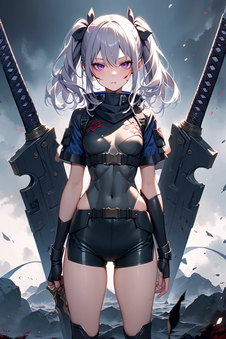 masterpiece, top-quality, absurderes, Modania, 1girl, 独奏, red eyes, parka,, a smile, Midriff, a navel, massive hips, put hands on the hip, from the rear, focus ass, upperbody shot, (shooting pose:1.2), (Shoulder submachine gun:1.4)