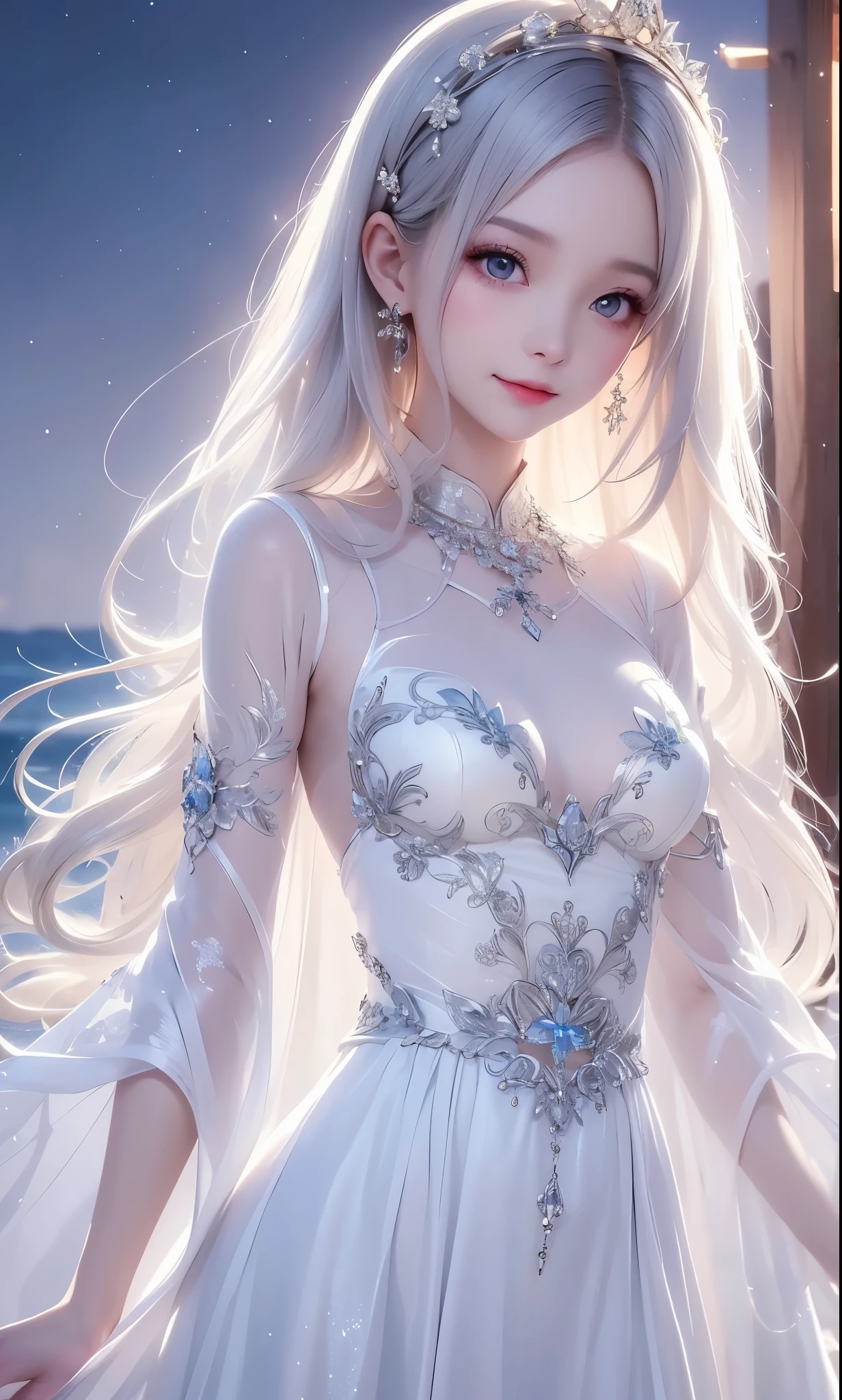 (masterpiece),(4K),High Quality,(small breasts),one girl、Sexy Saint , Long Silver Hair ,pale skin,smile, beautifully detailed grey eyes, ( high-definition and elegant ),( white cape let fashion), Magical Color and Atmosphere, detailed skin from sleeve to chest,(Cute sparkle), light particles, The background is softly blurry ,Add a dramatic and iconic element to your scene, description boundary depth, Bokeh, Silky to the touch , see-through silk, soft, lightweight garment、beautiful and neat face、see-through 、 hyper details,creates a dreamy and elegant atmosphere,