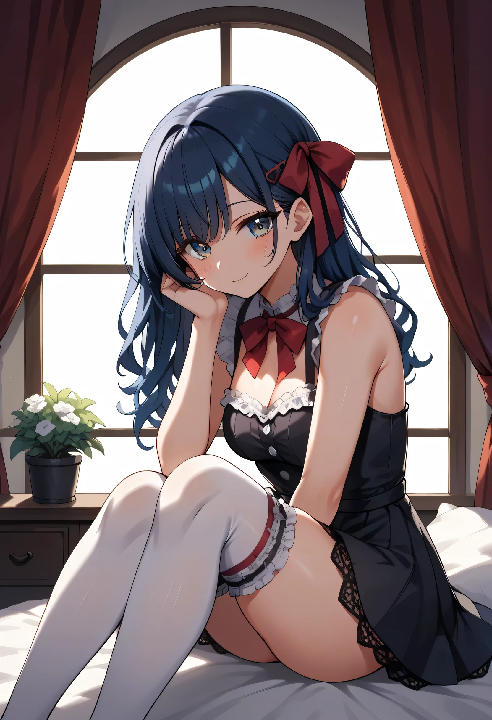 A soft and emotional digital illustration of a gothic ta girl sitting in a sun-dappled antique room, looking directly at the viewer with a gentle, almost shy expression. Her outfit is detailed with black lace, deep burgundy ribbons, and frilled stockings. She cradles an old leather-bound book to her chest as sunlight filters through lace curtains, casting patterns across her face and bodice. Her eyes reflect a mix of hesitation and warmth — as if she’s about to speak but chooses to simply gaze, letting the silence carry her feelings. The air glows with the softness of early morning light, and the composition suggests she’s been waiting here, just for you.