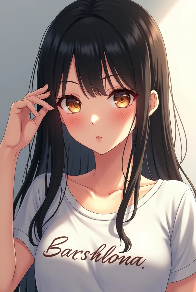 Upper Body, Realistic, Real person, (Pale skin: 1.2), RAW Photos, Realistic, Portrait Photography, Glowing Skin, Japanese Idols、Shiny Hair、(A 25-year-old woman with medium-length hair and bangs) and (Wavy Hair) and (Brown Hair) and (Orange eyes) , (black) and (T-Shirts) and (Extra Large) 、(sad:1.2), smile, The background is the living room、alone、morning