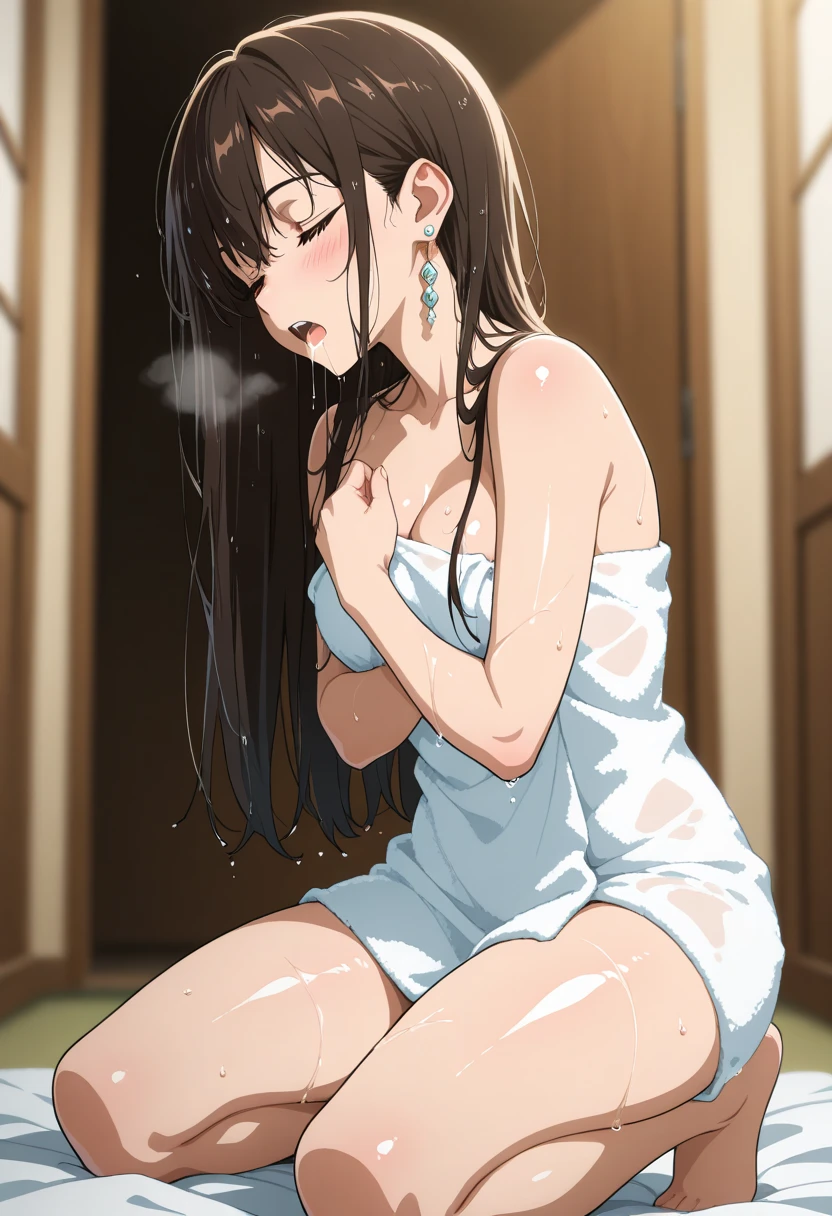 ((masterpiece,Highest quality:1.3,best quality illustration)),(realistic),penis, irrumatio,fellatio,cowboy shot,独奏,1woman,25 year old beauty,brown hair,straight long hair,bangs,brown eyes,(gorgeous big eyes),((very small head:1.3)),shy,tears,((very long body:1.2,skinny)),((tan skin:1.4)),medium breasts,naked,Wet:1.3,bukkake,excessive cum,sweat,gleaming skin,slender body,kneeling,take a shower,simple shower room,Simple hotel bedroom、New York City、nsfw,