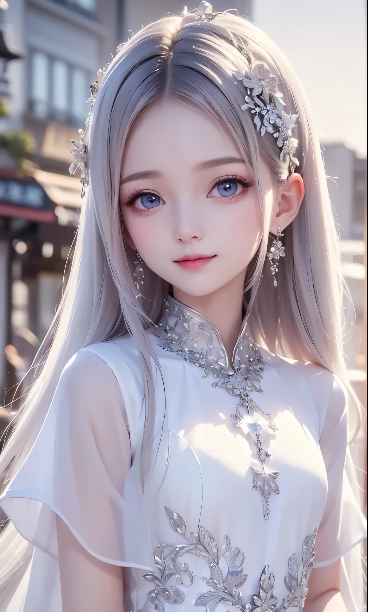 (masterpiece),(4K),High Quality,(small breasts),one girl、Sexy Saint , Long Silver Hair ,pale skin,smile, beautifully detailed grey eyes, ( high-definition and elegant ),( white cape let fashion), Magical Color and Atmosphere, detailed skin from sleeve to chest,(Cute sparkle), light particles, The background is softly blurry ,Add a dramatic and iconic element to your scene, description boundary depth, Bokeh, Silky to the touch , see-through silk, soft, lightweight garment、beautiful and neat face、see-through 、 hyper details,creates a dreamy and elegant atmosphere,