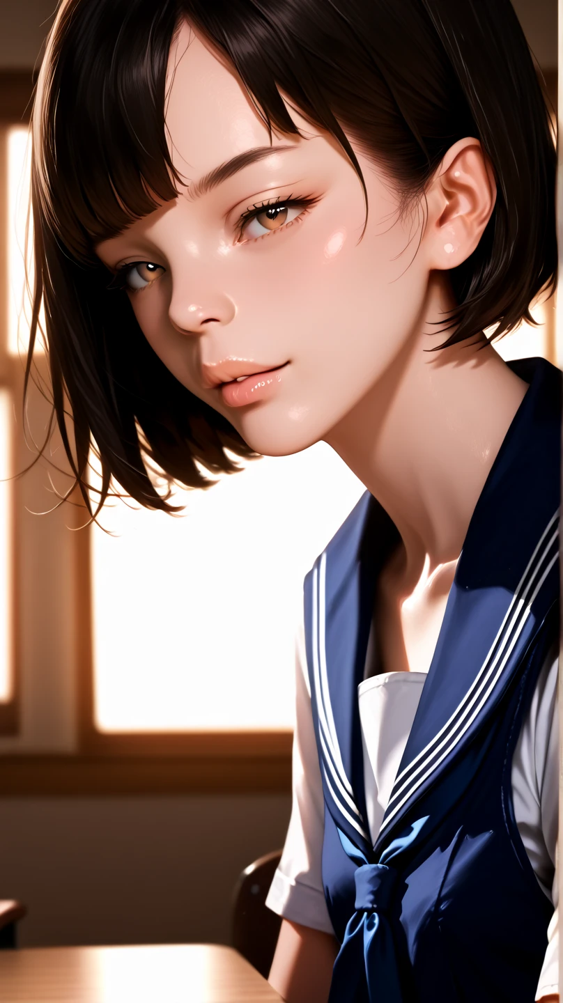 Upper body portrait、Bust、(masterpiece:1.3、Highest quality)、Ultra-high resolution、Super detailed、(Real、Photorealistic:1.4)、Beautiful illustrations、Perfect lighting、Highly detailed face、Detailed and beautiful eyes、独奏、high school girl、Beautiful breasts、(high school girl、A sailor uniform with a short length、Short summer clothes、Yellow ribbon on chest)、(Black Hair、Short Hair)、Dark Eyes、classroom