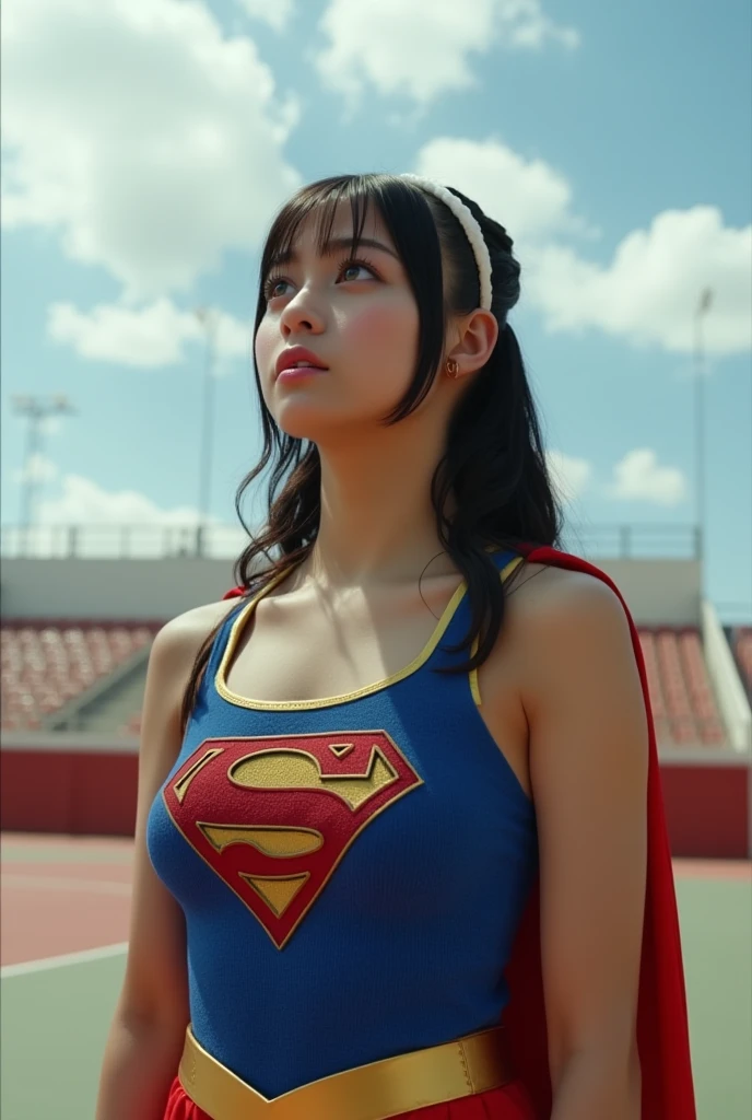 Supergirl, 29 years old、Height: 152cm, in sumo arena, midday, hair tied, Supergirl Afraid, Supergirl was sweating wet, Wearing a tank top Supergirl costume, Hair bangs, Supergirl's costume is torn, face Supergirl is injured, supergirl defeated, supergirl vs Tall, Big Villain, Frightened expression