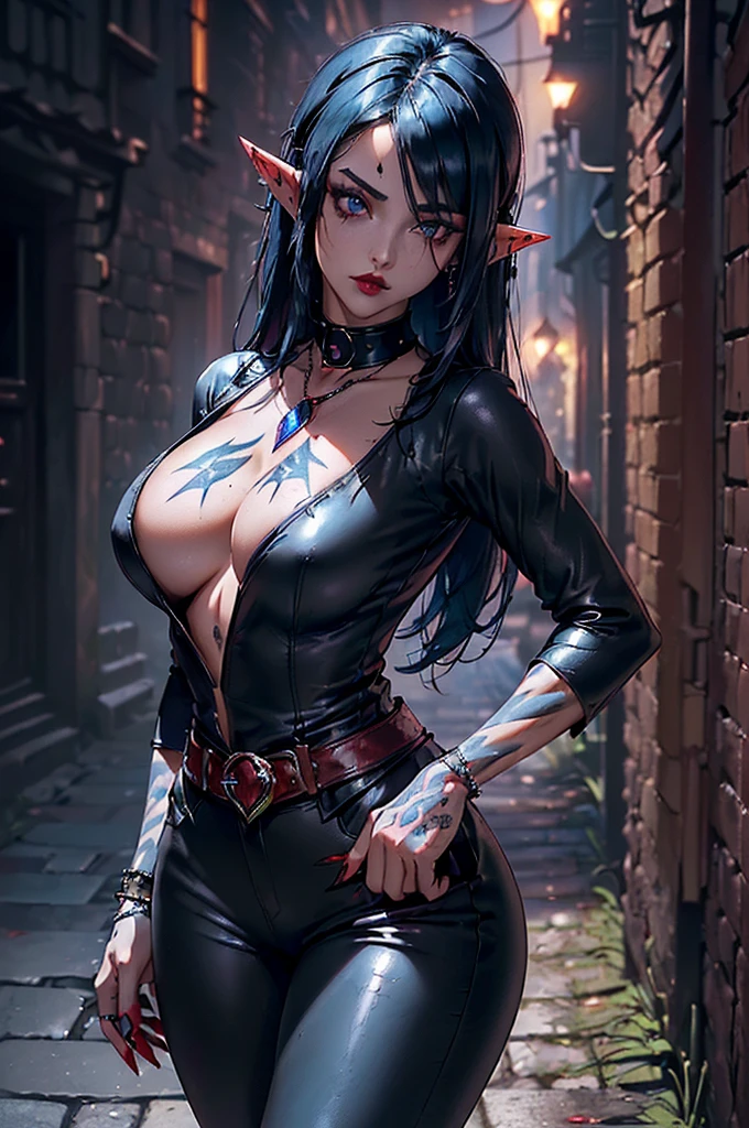 She is wearing a maid costume/Batman/Spiderman/Kamen Rider, the costume is black with white parts/built-in weapons, several bandits are watching her inside the houses that are inside the dark alley she is in/night/moon full, she is fully attentive, looking at the viewer, smiling, costume/face/bloody, 1woman/mohawk green hair/blue eyes, Anime style, Masterpiece Max/resolution/quality/detail/sharpness, well designed, extremely beautiful, professional design.