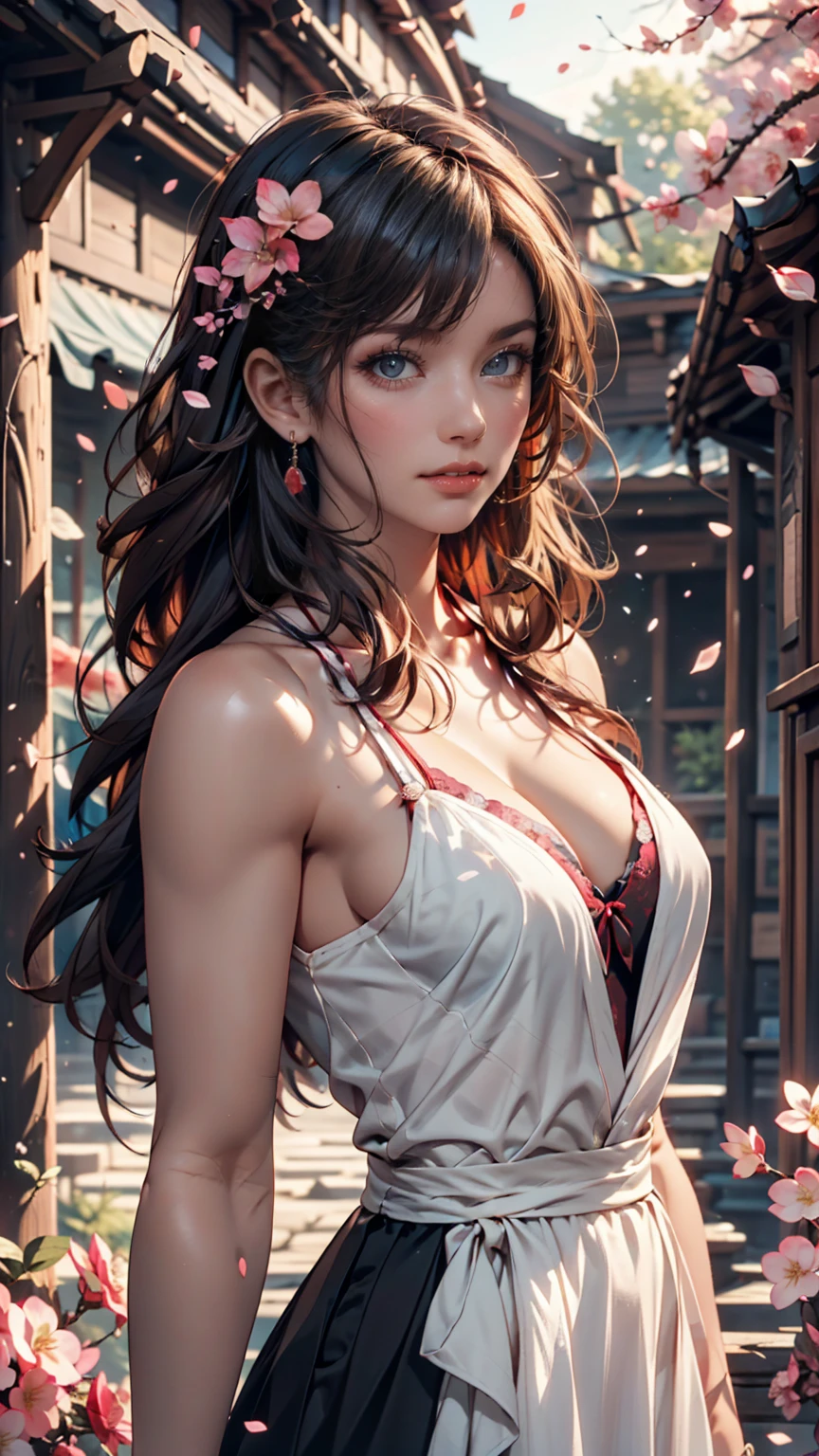 (Girl in a semi-transparent one-shoulder white miniskirt dress), (photo realistic:1.4), (hyper realistic:1.4), (realistic:1.3), (smoother lighting:1.05), (increase cinematic lighting quality:0.9),. 32K, 1girl,20yo girl, realistic lighting, backlight, light on face, ray trace, (brightening light:1. 2), (increase image quality:1.4), (highest quality realistic textured skin:1. 4),(Big Blue Eyes)、Detailed drawn eyes、Detailed painted face、Fine textured eyes、A shirt that shows off a lot of cleavage、(Accentuates the body line:1.1)、(Beautiful textured skin:1.1)、(Red petals are flying)、(White lace panties are visible)、Slim long legs、