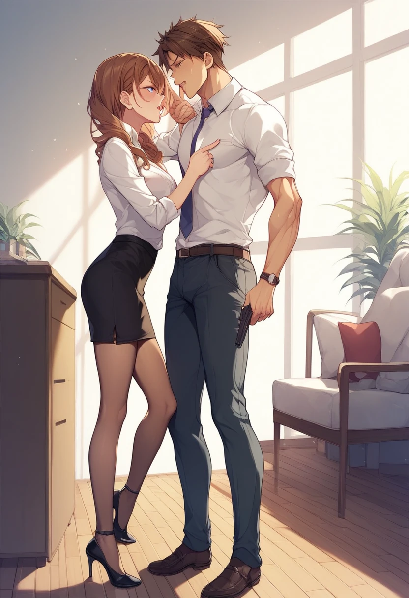 photorealistic, octane render, sharp focus, (8k), (4k), (Masterpiece), (realistic skin texture), extremely detailed, intricate, hyper detailed, soft lighting, high resolution, sharp detail, (best quality, hires, high resolution), extremely detailed, highres, (Volumetric lighting, sunlight, cinematic lighting), short ponytail, brown hair, red hairclip, sad eyes, <lora:Character_Kobeni:0.8> , white shirt, black necktie, pussy, lowered panties, <lora:thighsex:1> , (thigh sex:1.4), 1girl, orgasm, 1men, (man's hands on breasts), large penis, thigh sex, standing, pussy, hentai breast grab(sex position), from behind,skindentation:1.25, thigh focus, arms above head, narrow waist, moaning, looking up, (eyes rolled back:1.2), low camera angle, shot from below, breast grab(sex position)