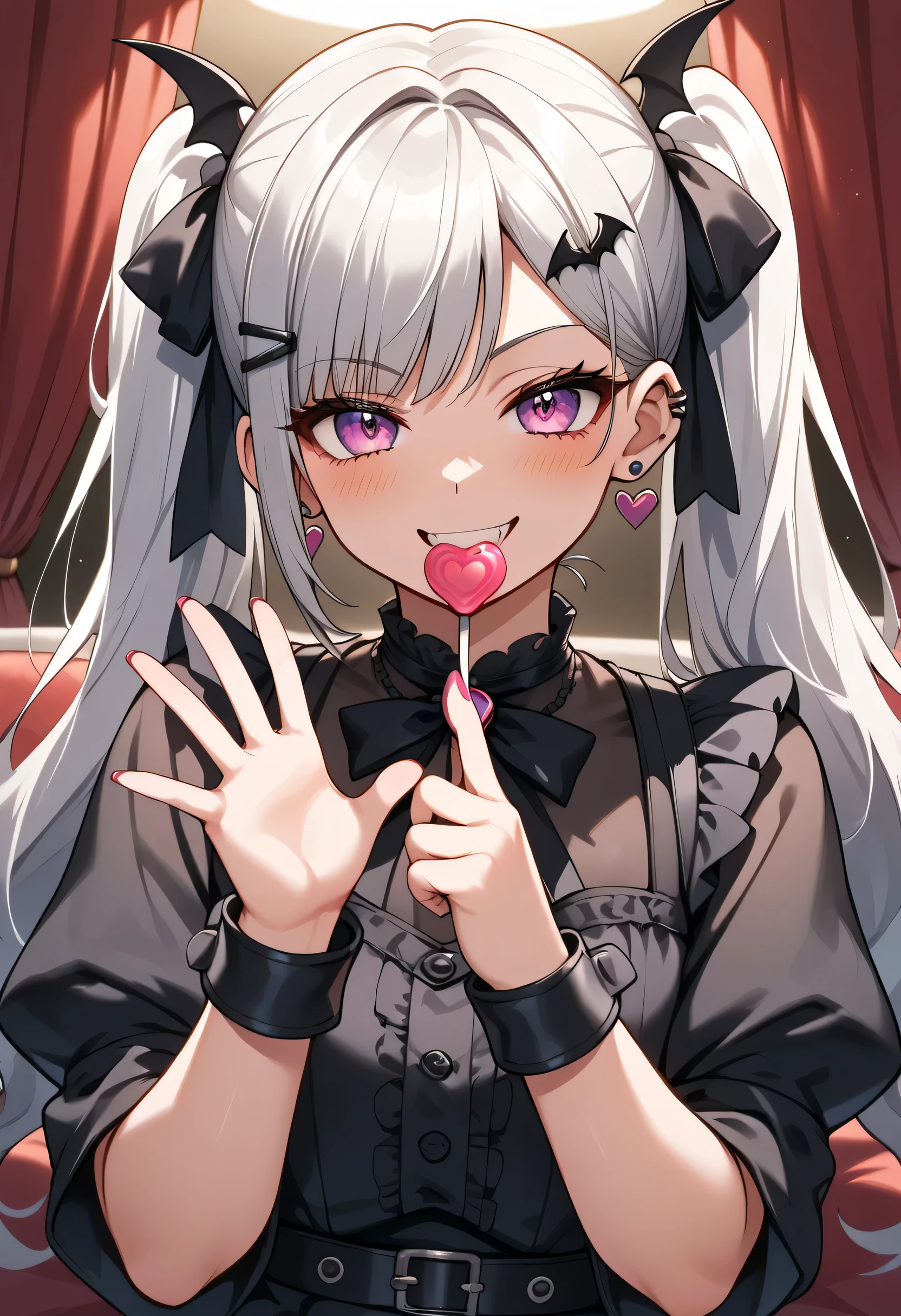 A wildly dramatic gothic bedroom, velvet curtains drawn slightly to let in a ridiculous, overly sparkly moonlight. In the center of the room, a pint-sized gothic older sister with exaggerated proportions (small frame, but ahem dramatically curvy) stands on a plush chair holding a heart-shaped lollipop like it’s a mic. Her long silver twintails bounce with absurd energy as she leans toward the viewer with an intense, dangerously affectionate stare. She’s dressed in a frilly black-and-red ta outfit, complete with bat-wing hair clips and combat boots three sizes too big. Her expression mixes wild devotion, suspicious joy, and unhinged love as she yells: “Smile, or I’ll cry forever and haunt your dreams with love letters written in blood! ” In the background, her diary lies open with page after page of doodles, hearts, and increasingly unhinged affirmations of support. No NSFW. Pure chaotic affection. Energy level: unreasonably high. Vibes: yandere menace meets motivational speaker meets tea party gremlin. Theme: “You WILL feel loved. Or else.”