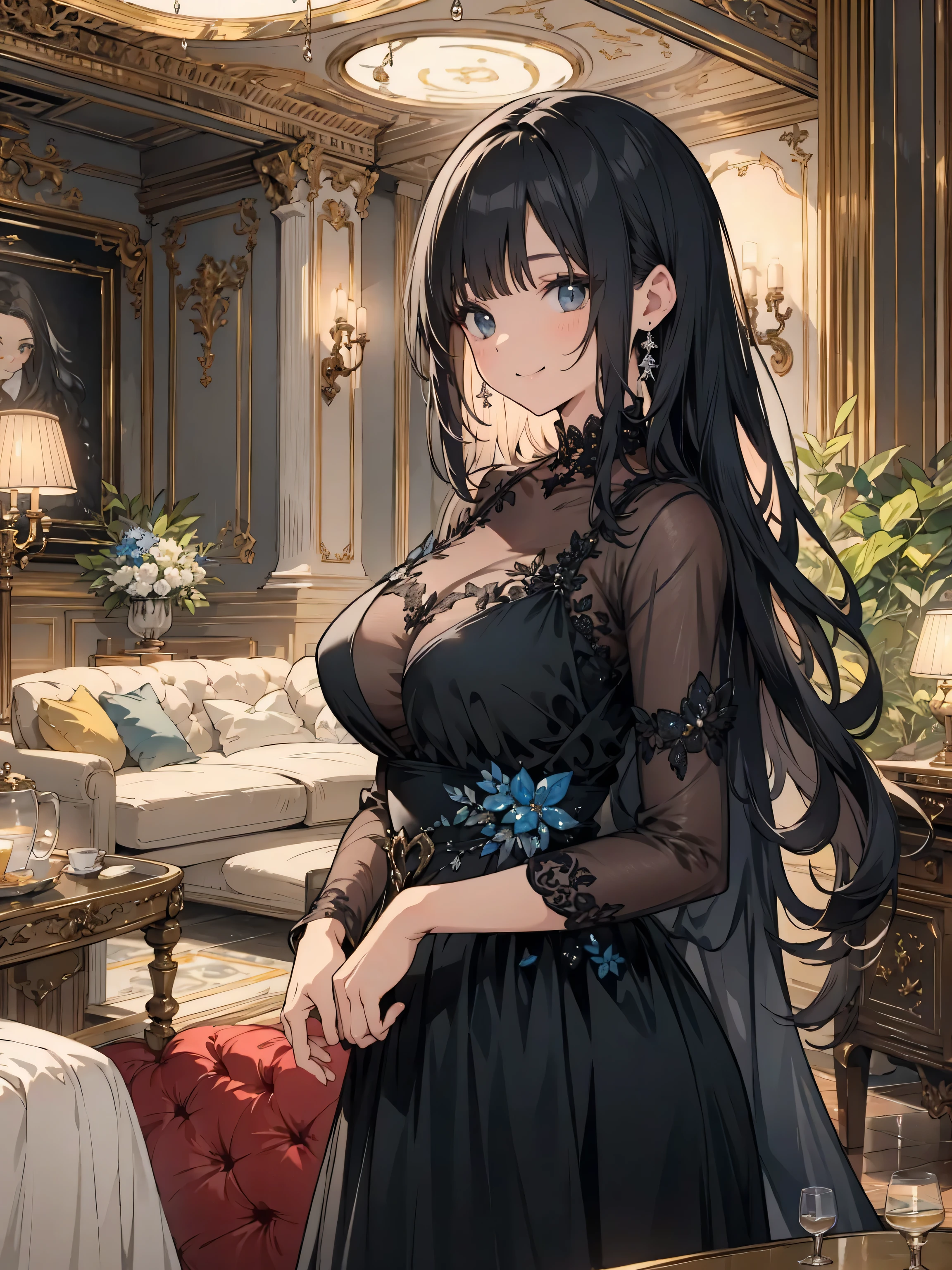  best quality、 masterpiece、An intellectual smile、8k、Ultra-fine、 black hair straight hair、lady、 adult woman、elegant dark dress、Sense of luxury、Big Breasts、Age 30、smile、 Raise the corners of your mouth 
