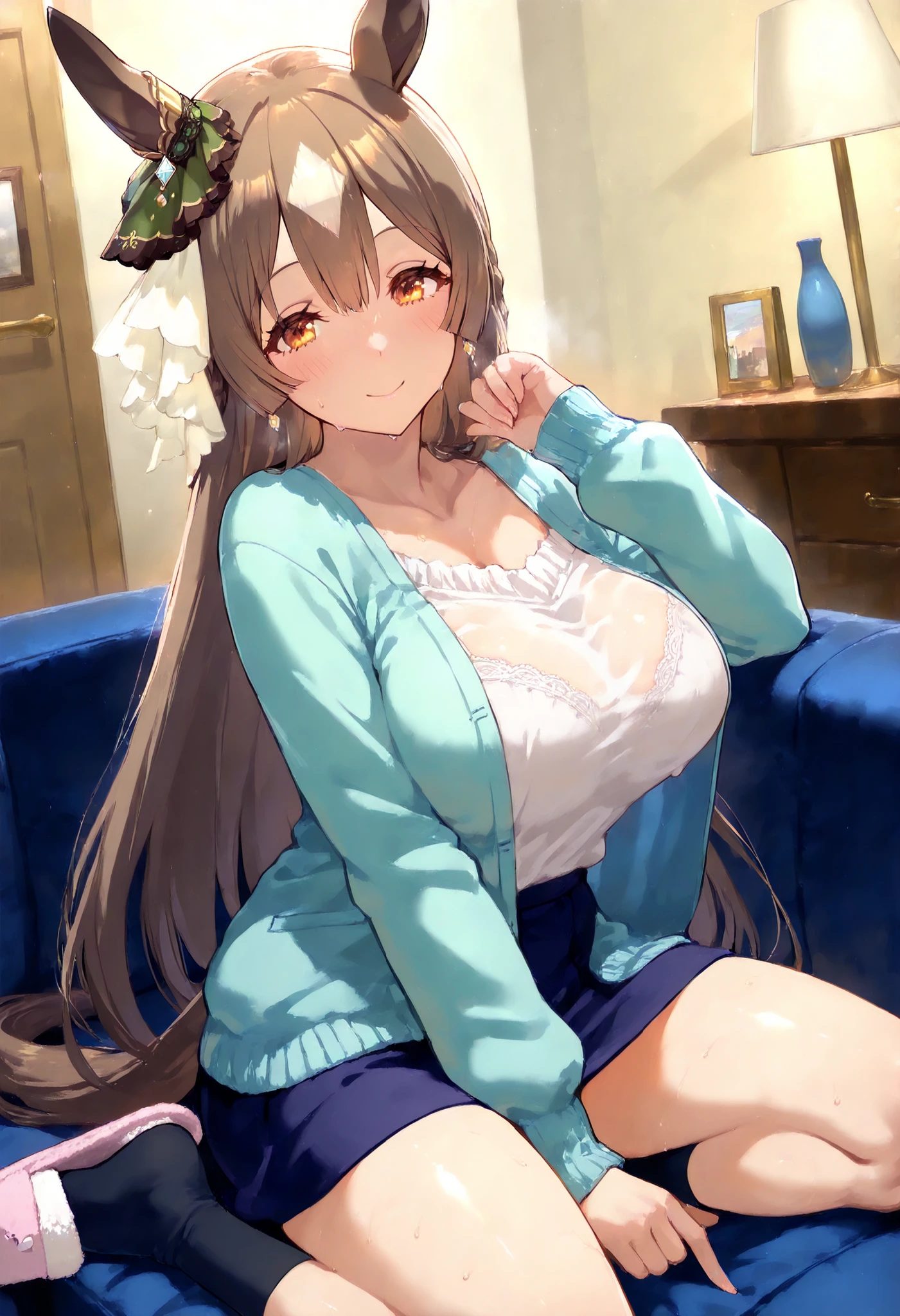 Satouno Diamond Umamusume, masterpiece, top quality,, score_9, score_8_up, score_7_up ,Bra, panties with DECOR,
Satono Diamond \(Uma Musume\),nsfw,mature woman, housewife, Mature Woman, Living Room, Sofaにis sitting, 1 girl, horse ears, earrings, , , horse tail, viewers,opening, cowboy shot, 何かを計画しているsmile, blush、
, ,
chest, half-open, sweat,, , mature woman, room, Pose, 軽いsmile, white shirt, cardigan, miniskirt, thigh, , feet, , Sofa, is sitting, ,, casual with short hem_Clothes, 1 girl, solo, long hair, chest, viewers, , smile, bungs, , brown hair, , long sleeve, villages with, , closed mouth, clavicle, tail, , transparent shirt , , streaked hair, , , forward leaning posture, , full body, black socks, slippers,