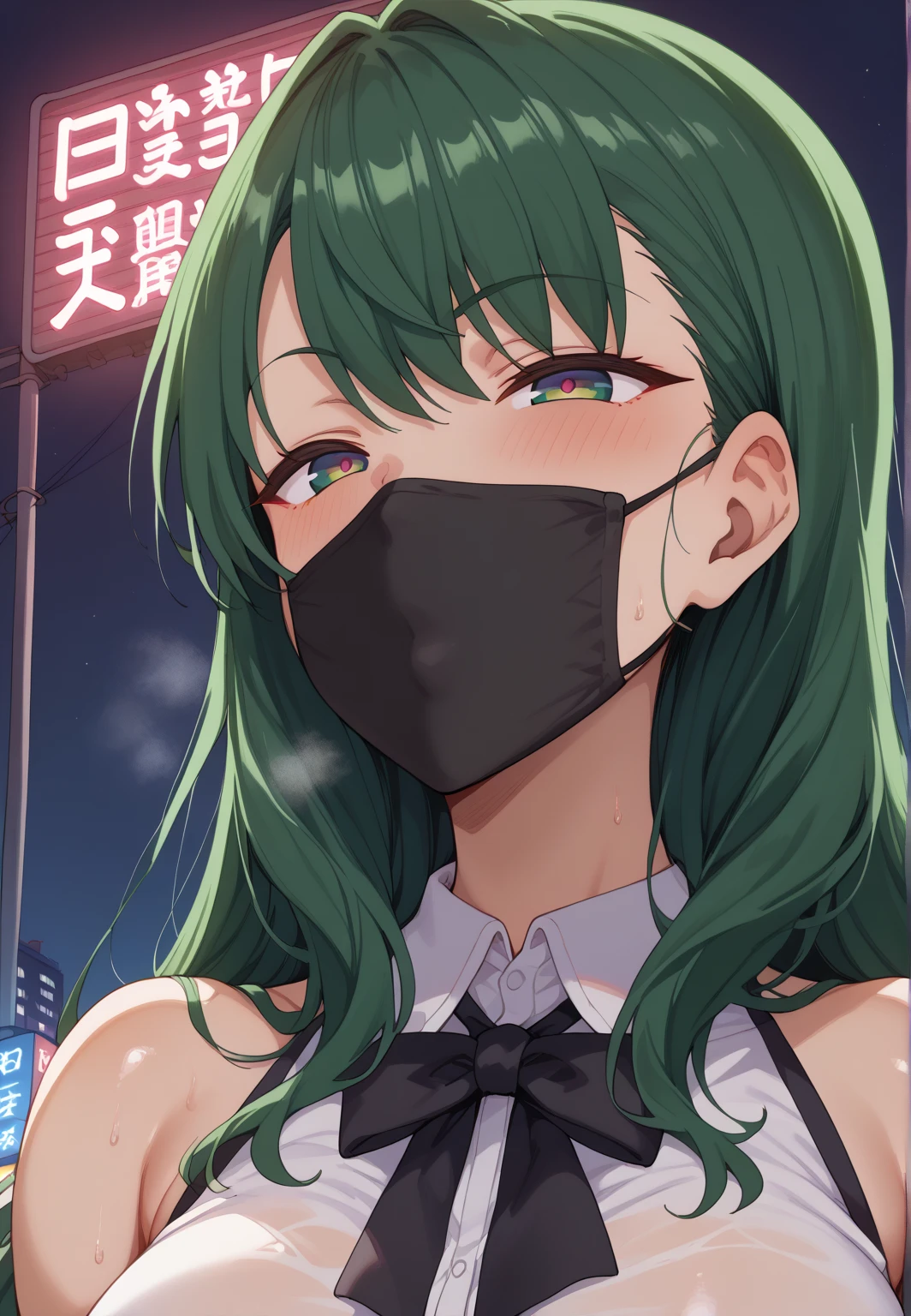(masterpiece,highest quality,Ultra-high resolution),(Perfect Face, Perfect body、Perfect hands、Refers to 5 books),1girl,(kilo, green eyes, green hair, long hair, hairband, black hair ribbon, pantyhose),(jk),(very young),(Blushing, embarrassed),(very embarrassing,Embrace sex,In town),(remote controller, simple remote control, holding)