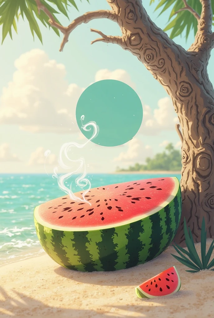 Realistic watermelon in Beach Theme with Beach Tree with Smoke in Circle badge with Cloud in the top of the Circle in white background