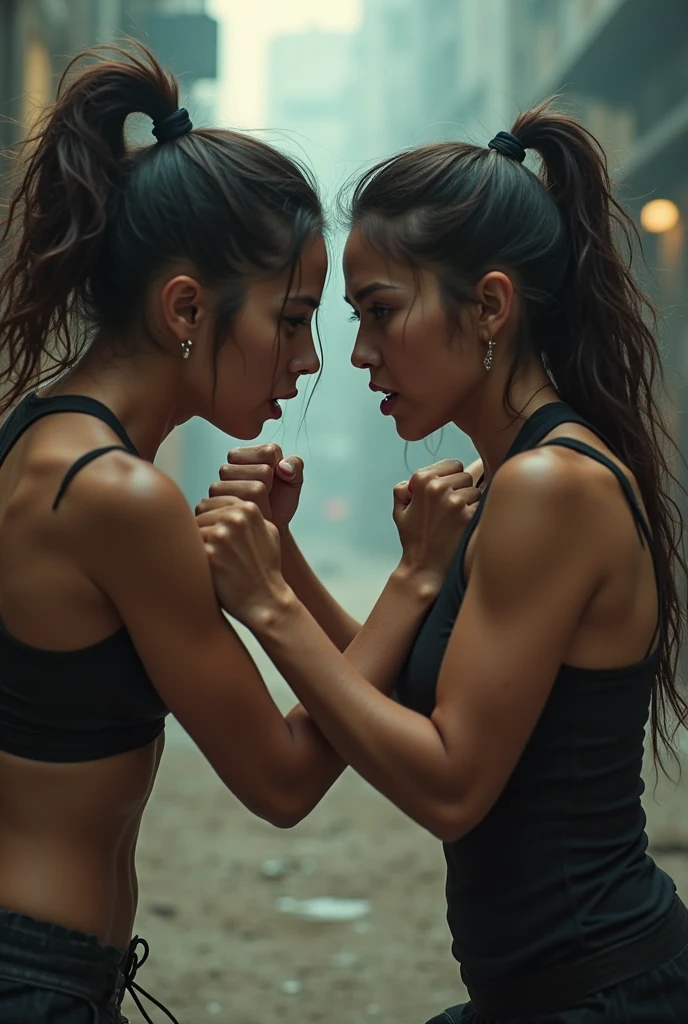 Distressed denim shorts, Black Tank Top, , Fistfight between women, Asian, 