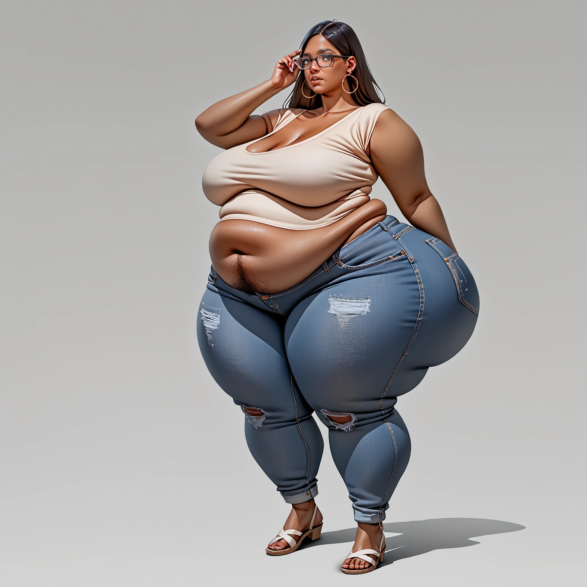 1girl, solo, blonde hair, blue eyes, tan, ganguro, long hair, wearing a small tshirt, denim jeans, tanlines, makeup, wristband, lipstick, jewelry, masterpiece, blushing, art by lazorchef, by kipteitei, lipstick, jewelry, female angry, (obese belly):1.8, massive SSBBW body, massive soft hyperbelly, soft massive obese belly, cute chubby feminine face, sensual pose, soft obese arms, mesmerizing eyes, gorgeous supermodel face, long hair small navel, frown, looking at viewer, beautiful day, jewelry, blue eyes, earrings, blushing