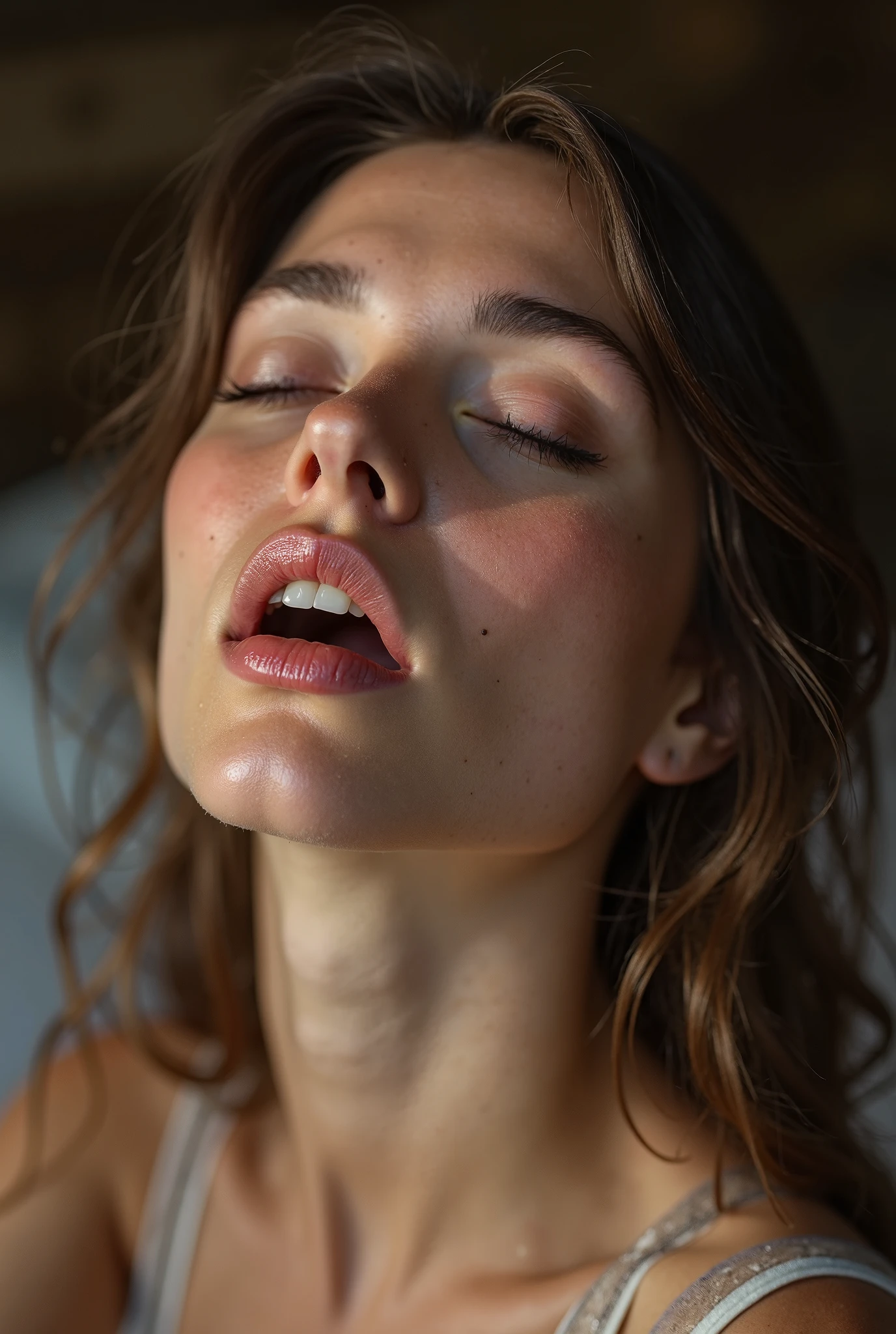One girl,Pieces fly,,Award-winning photo, Very detailed, Edge Orgasm,Face Focus, (Woman with open mouth and closed eyes ), 30 years old、Black Hair、Shiny skin、Face close-up,From below、Realistic nostrils、Long and narrow nasal cavity,、train、(Inside the train,By the window)、congestion、Are standing、((suit))、Big Breasts、(Sharp Nose)Grimacing Performance:1.4, concept,teeth,Performance,facial Performances,Grimacing,Lift your head、