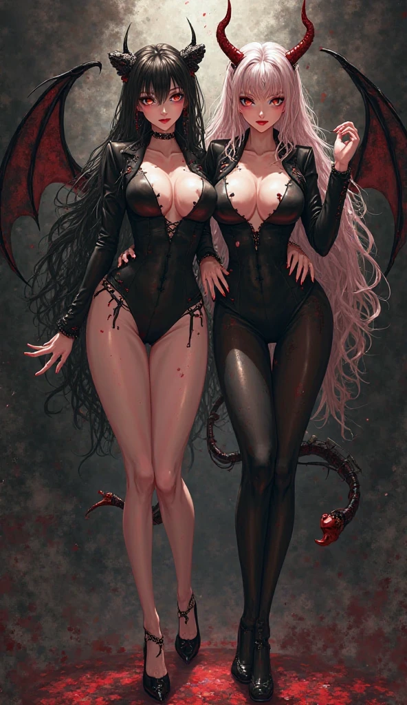 In a breathtaking 2D anime-style scene, the curvy succubus and the pink-haired girl embrace each other in a seductive, intimate hug. The succubus, with her long, straight white hair, bat wings, and devil tail, reclines sensually, wearing a revealing bikini, thigh-high boots, and long gloves. Her red eyes are intense, and her playful tongue sticks out as she engages with her companion.
The pink-haired girl, with her long, flowing hair and striking blue eyes, is dressed in a sleek, form-fitting blazer-style school uniform. She wears a short skirt and thigh-high socks, emphasizing her curvy figure. She is depicted without horns or wings, appearing as a normal girl, but with an alluring and confident demeanor. Both characters are locked in a close, seductive hug, their bodies pressed together, creating a powerful and captivating visual.
The background features a dramatic, mystical dreamscape with deep shadows and swirling mists, enhancing the nightmarish and mystical quality of the scene. The overall composition highlights their contrasting yet complementary energies, making for a visually stunning and unforgettable scene.