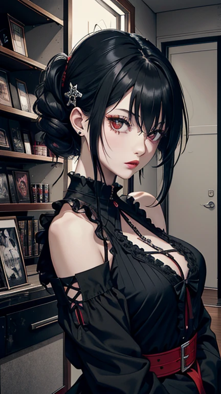 (8k, RAW photo, highest quality, masterpiece:1.2), High-definition RAW color photo, Professional photography, cinematic light, gothic aesthetics, oil, Portrait, beautiful detailed eyes, beautiful detailed lips, Highly detailed eye face, long eyelashes, Dark and mysterious atmosphere, detailed background, Bright red roses, Rich chiaroscuro lighting, subtle shadow, romantic, elegance and lewdness, luxury accessories, Classic beauty, antique clothing, Soft and delicate texture, impressive composition, vivid colors, delicate brushstrokes, Attention to detail, Gothic architecture reminiscent of the old masters, mysterious smile, glowing skin, soft flowing hair, subtle highlights and shadows, contrast of light and shadow, calm color palette, exciting and seductive, 詩的でromantic, Emphasis on individuality and uniqueness, sublime beauty, exquisite craftsmanship, Fetine, oil, very luxurious frame,