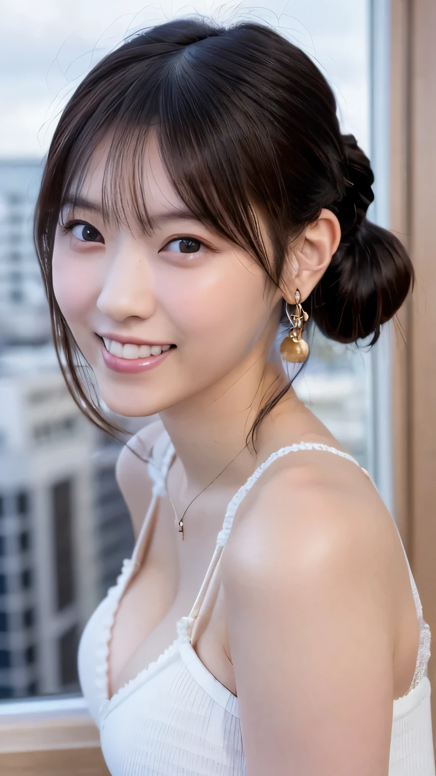 1 Japanese beauty , depth off field, first-person view, f/1.8, 135mm, Nikon, 超high definition, retina, masterpiece, accurate, anatomically correct, textured skin,Very white skin、 clear skin 、 Super Detail, high detail, high quality, Best Quality, high definition, 1080P, high definition, 8k, (big boob:1.2), (deep cleavage:1.2)、Japanese beauty 1 person, (Big round eyes:1.4)、iris heterochromia、Dolly Make、round face、She is smiling very happily、INSANELY BEST SMILE、is smiling with her mouth open、Her front teeth are neatly arranged、(Braided Top Knot,twisted side part ponytail、Braided Headband,half up、Braided Space Bun,voluminous fishtail braid,Twisty Bang)、(She's wearing a peplum(White))、Her chest is wide open and looks awesome、Her clothes are so thin that you can see through her cute nipples、office at sunset、She is sitting in a window seat、I can see a skyscraper city out the window