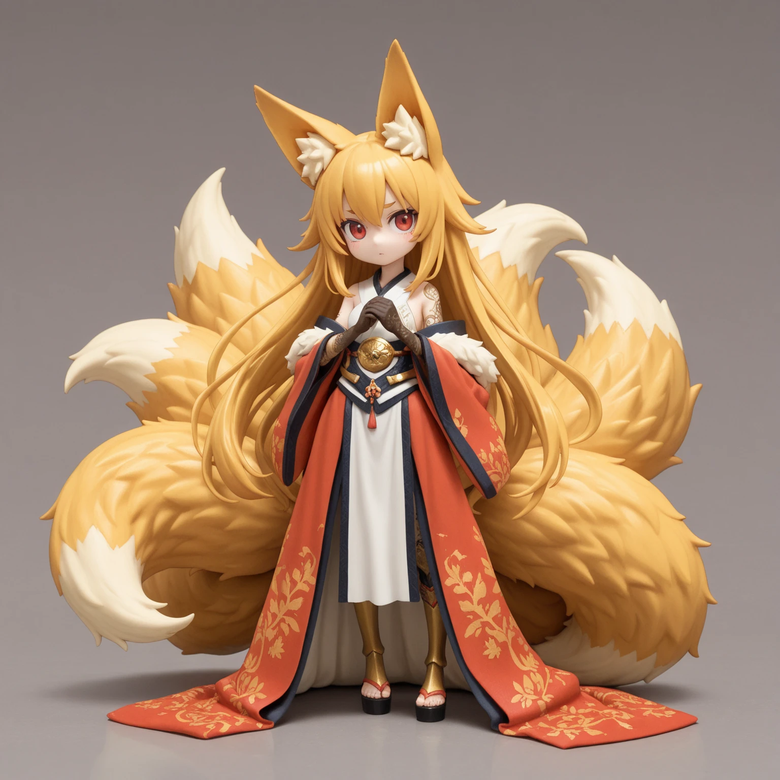 <lora:rinotuna_antropo_sq:1>,
rinotuna, original,
1girl, aura, bangs, blonde hair, blush, breasts, brown sash, chinese clothes, cleavage cutout, closed mouth, clothing cutout, energy, eyebrows visible through hair, eyes visible through hair, fox print, fox tail, gold trim, gradient, gradient background, hair between eyes, highres, large breasts, long hair, long sleeves, looking at viewer, momomaron, multiple tails, neck ribbon, outstretched arms, phoenix crown, print tabard, ribbon, simple background, smile, solo, standing, tabard, tail, tassel, twitter username, wide sleeves, yellow eyes, yellow ribbon