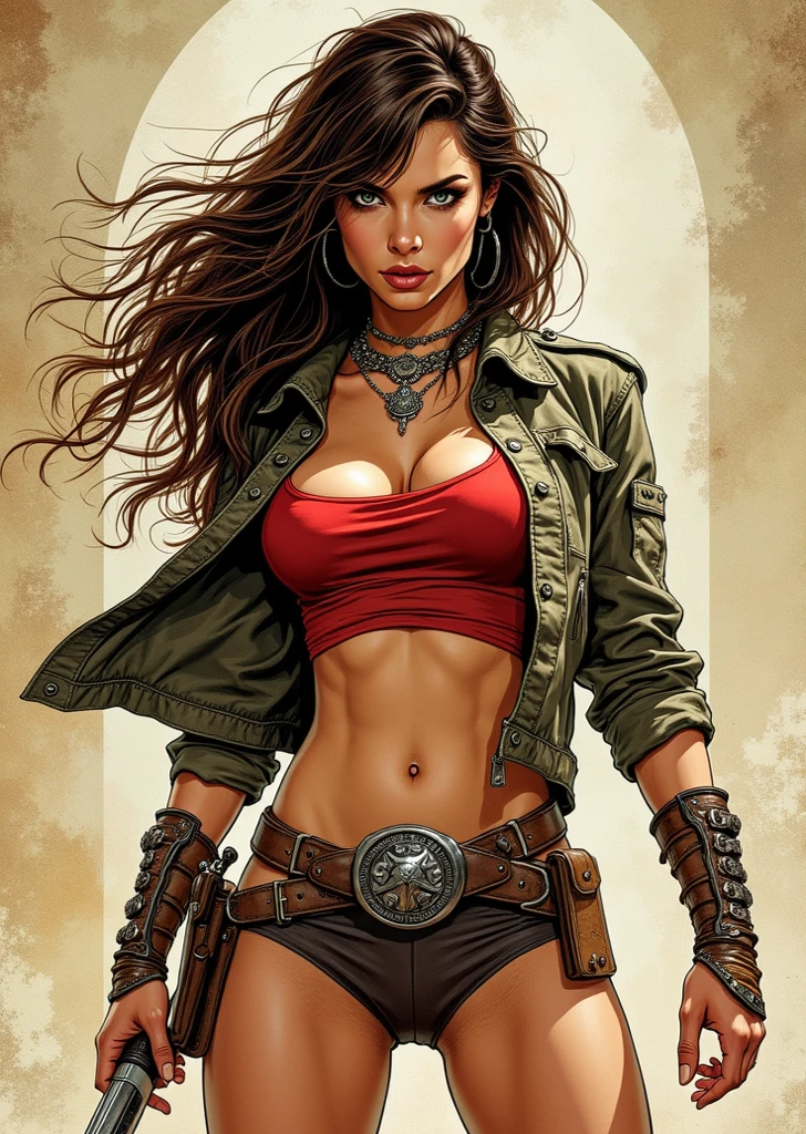 A post-apocalyptic warrior, uma mulher de 35 anos quase nua no estilo Simon Bisley para a capa da revista Heavy Metal, cabelo metade preto metade branco, Minimum clothing, roupas curtas,
