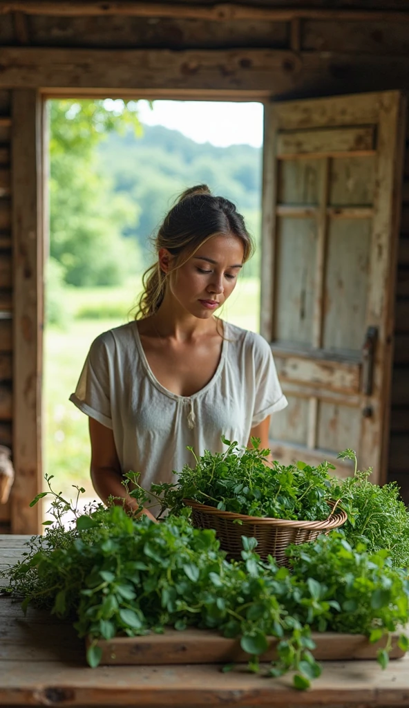 A photo of Katniss carefully tending to a small, hidden garden of herbs and vegetables.,The Hunger Games Trilogy,Katniss Everdeen, the protagonist of “The Hunger Games,” is characterized by her athletic build, olive skin, dark hair often styled in a practical braid, and striking grey eyes, reflecting her resilience and resourcefulness. Her appearance is marked by a blend of toughness and understated beauty, often wearing simple, functional clothing that suits her pragmatic and independent nature.