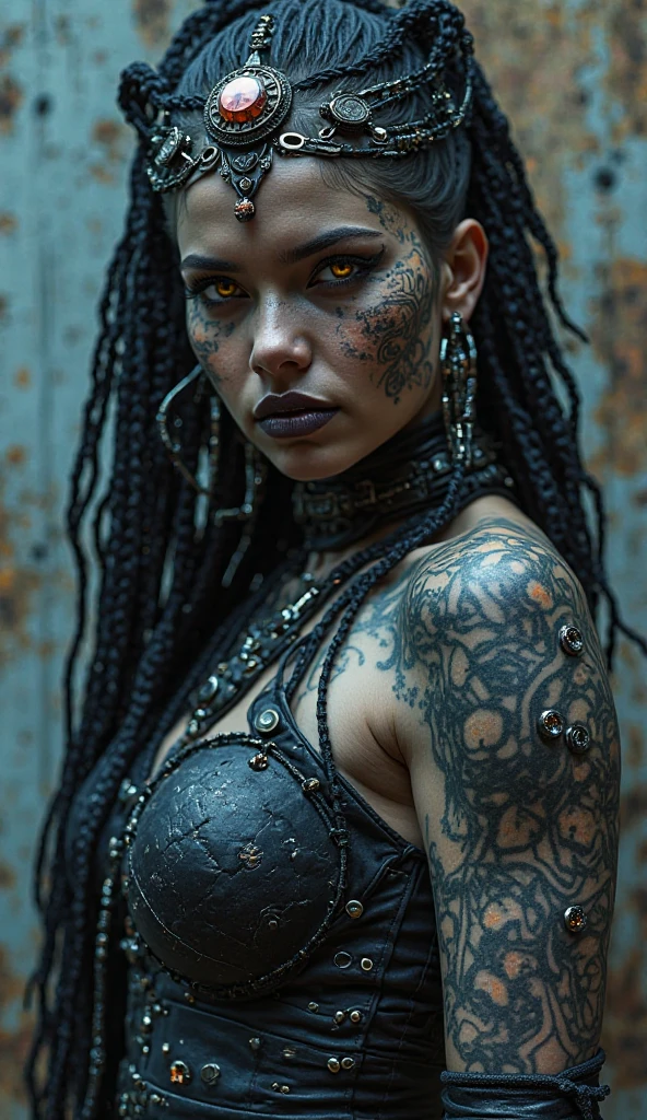 <lora:WarPaint:0.5> beautiful, dreadlocks, warpaint, face paint, spiked armor, metal bra, medium breasts,