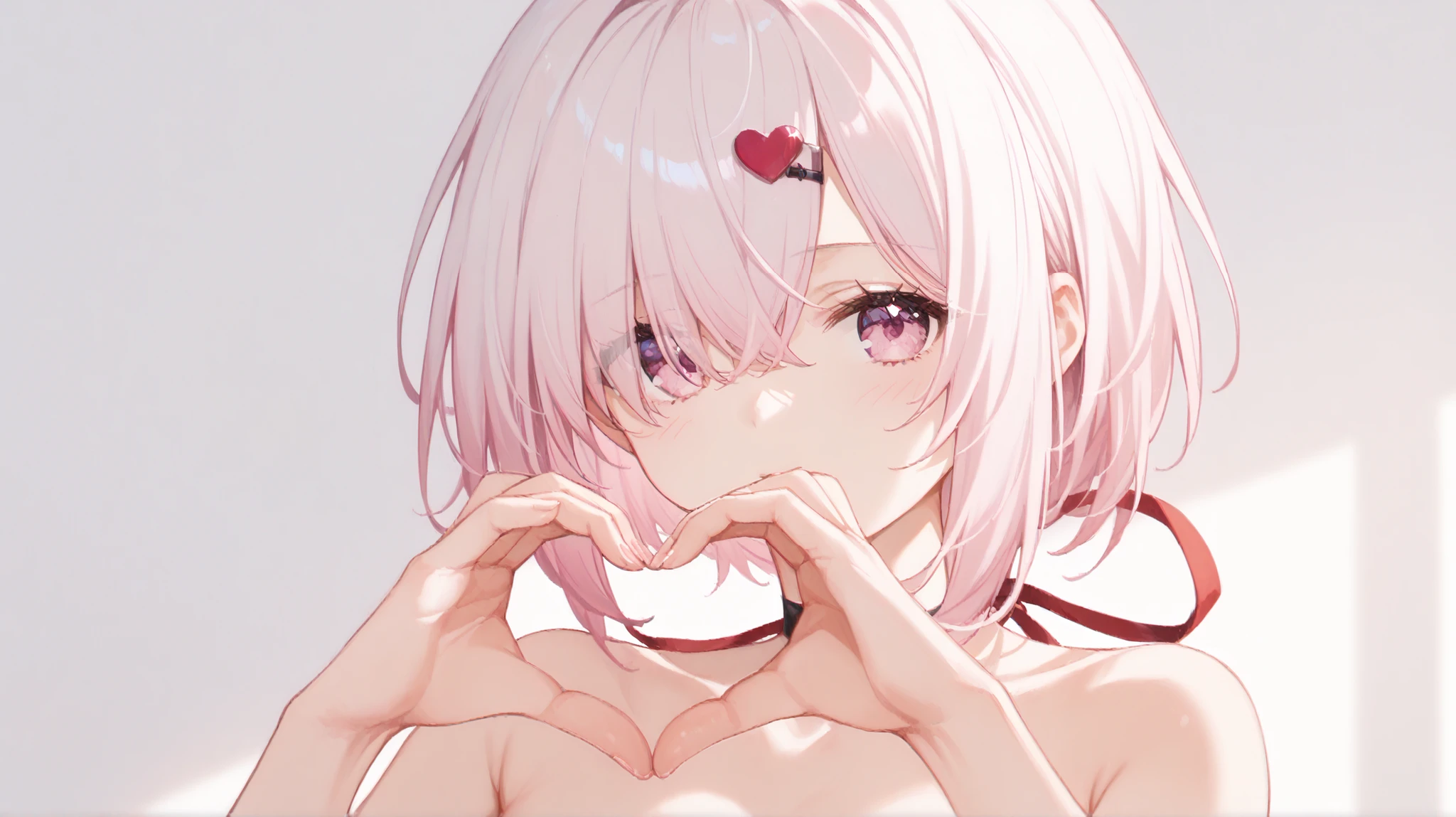1girl, sy1, pink eyes, purple eyes, pink hair, white hair, hair between eyes, hair over one eye, long hair, ponytail, low ponytail, hairclip, hair ornament, ribbon, red ribbon, hair ribbon,gothic maiden,((full_nude)),乳首,膣,(make a heart with your hands, heart hand, heart poser:1.3)