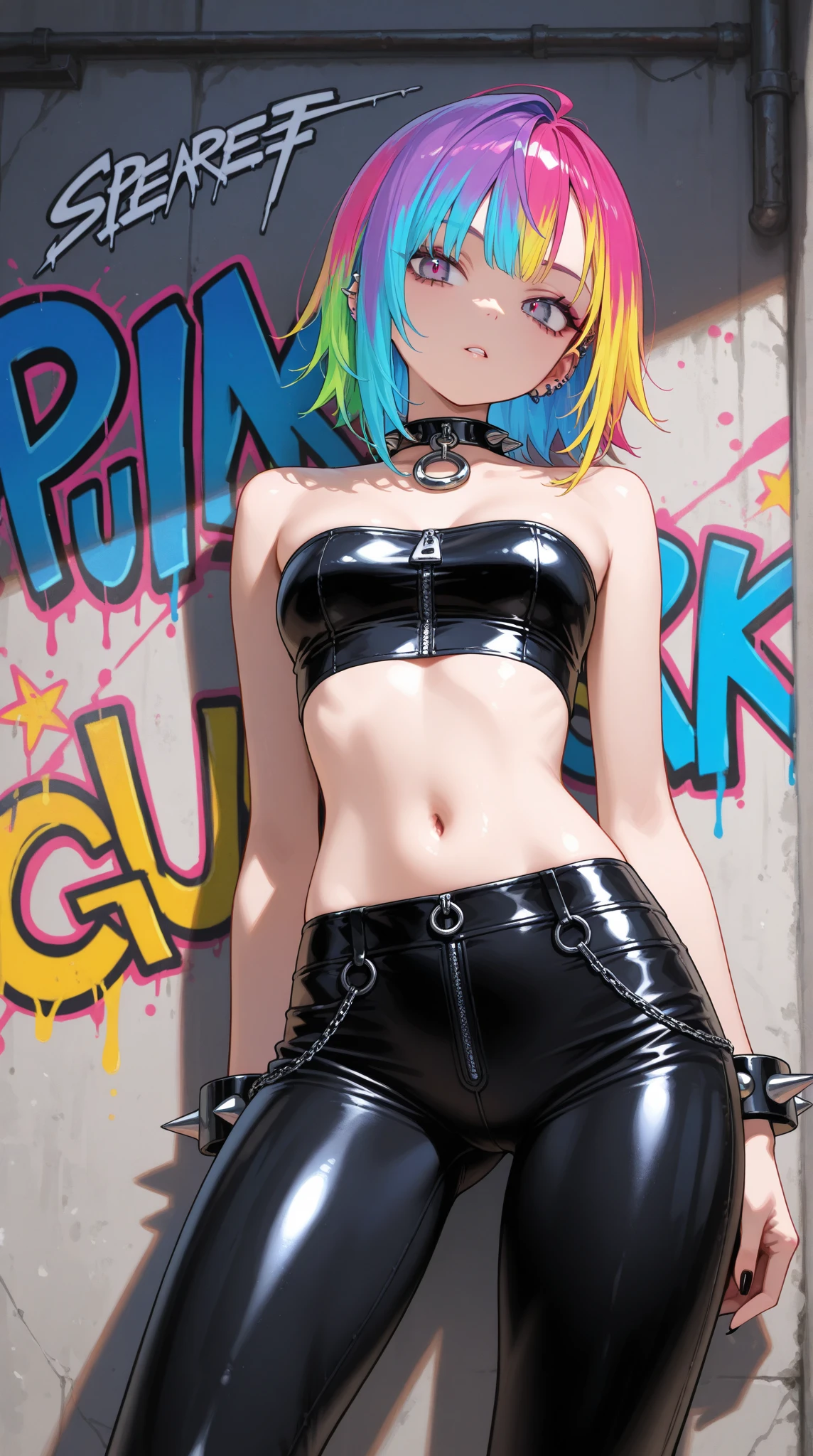 obra-prima, melhor qualidade, 1girl, solo, crop top, calcinha branca, gargantilha, (graffiti: 1.5), respingo de tinta, arms behind back, contra a parede, olhando para o espectador, clamp, thigh strap, pintura no corpo, head tilt, entediado, cabelo multicolorido, aqua eyes, fone de ouvido,