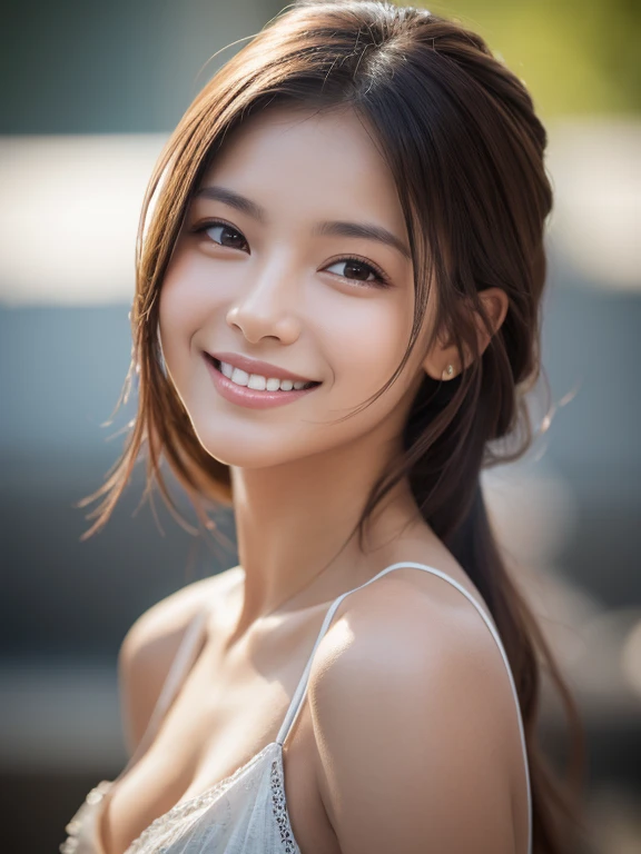 night, RAW Photos, (((Very beautiful portrait))), (Very beautiful portrait))), 1 girl, sexy 25 year old girl, ((Natural brown updo)), [Brown eyes],A gentle smile looking at the camera(Cleavage), ((masterpiece, 最high quality, Super detailed, Cinema Lighting, Intricate details, High resolution, 8k, Very detailed)), Detailed Background, 8k UHD, Digital SLR, Soft lighting, high quality, Film Grain, Fujifilm XT3, Shallow depth of field, Natural light, Perfect Face、firework、yukata