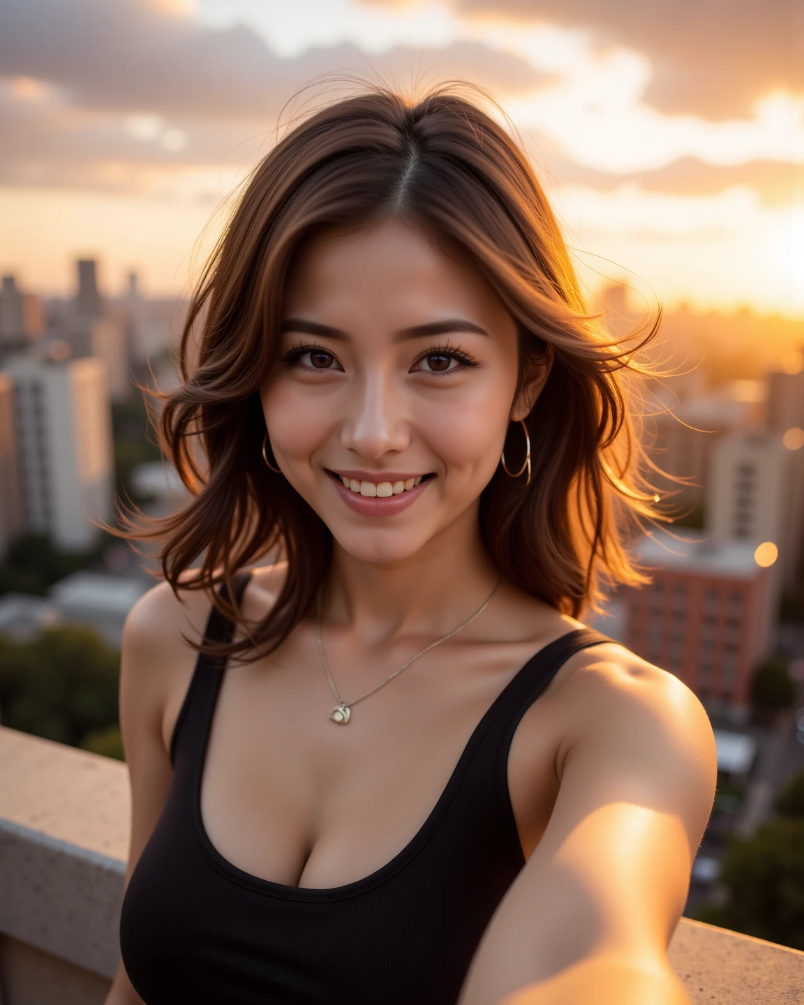 1 punk girl, fish eye, Self-shot, Wind, hair messy, Sunset, Cityscape, (Aesthetics and atmosphere:1.2),Smiling、Hyper-realistic、masutepiece