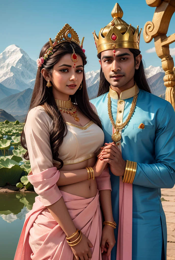 A highly detailed, realistic painting of Lord Krishna playing cricket with Radha, their faces beautifully rendered with expressive eyes and smiles, 8k, ultra-detailed, masterpiece, professional, vivid colors, studio lighting, physically-based rendering, extremely detailed description, photo-realistic, portrait