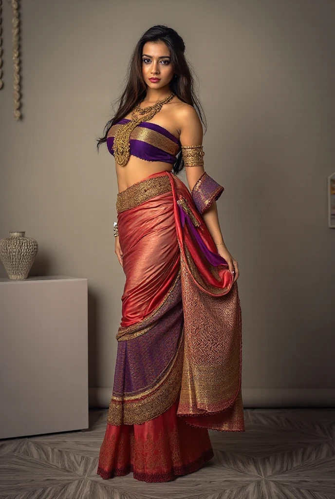 Use an AI-generated image that blends traditional Rajasthani fashion elements with a modern, futuristic twist. This could include elements like bandhani prints, mirror work, and vibrant colors with innovative patterns and contemporary accessories