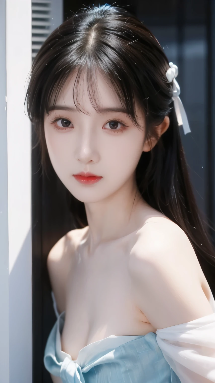 Impeccable ,(((From above))),(((Eight degrees shooting ))),ultra-high definition,Volumetric Lighting,Realistically , Very cute, Lovely Lee,Very Shy,highlights her sexiness, fair and tender , Very delicate eyes , her delicate nose , delicate little ,(((blue))),one of the beautiful girls, Adorable Female , round little face ,(external),Bare shoulders,Bare waist,Smooth and Delicate Skin