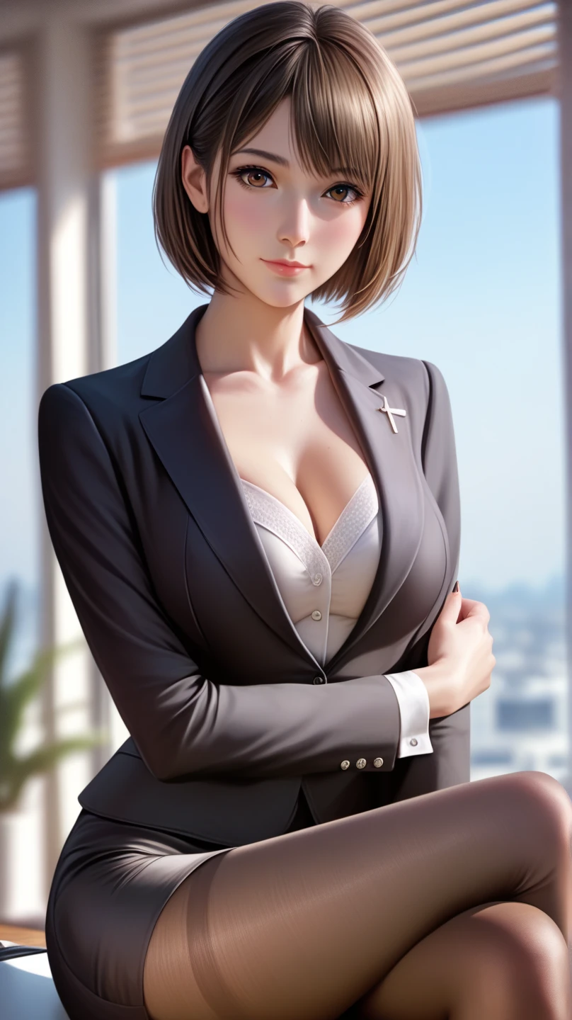 1girl, short hair, pretty face, beautiful detailed eyes, beautiful detailed lips, extremely detailed face, long eyelashes, blazer uniform, summer clothes, white shirt, tight skirt, cleavage, piercings, big breasts, (best quality,4k,8k,highres,masterpiece:1.2),ultra-detailed,(realistic,photorealistic,photo-realistic:1.37),portraits,vivid colors,studio lighting