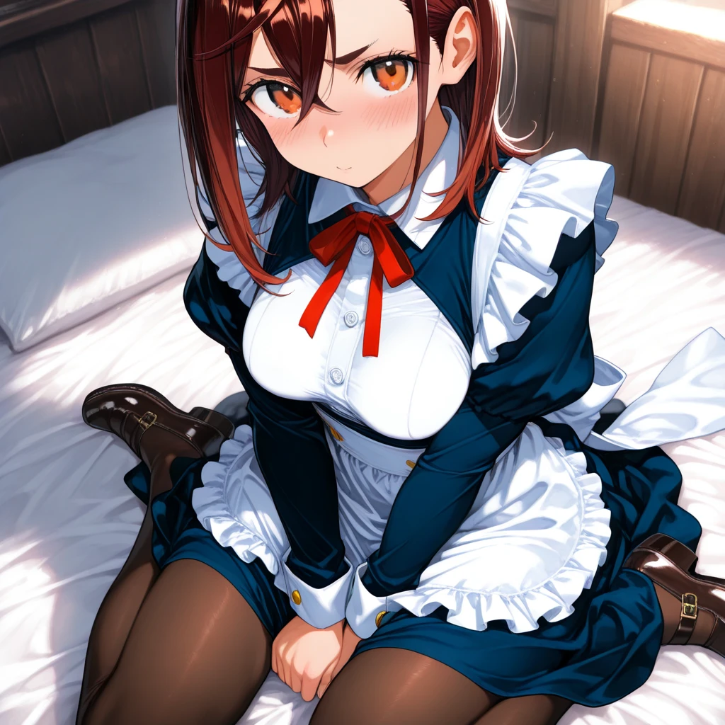 [ellen joe], ((masterpiece)), ((solo portrait)), ((front view)), ((low angle view)), ((feet visible)), ((HD)), ((High res)), ((anime)), ((detailed shading)), ((cinematic lighting)), {(attractive figure), (long shark tail), (cute maroon eyes), (short eyelashes), (cute mole on cheek), (two-toned hair), (short black hair with red), (large breasts), (defined toned legs), (bored expression)}, {(maid short sleeved dress), (maid hairband), (white apron), (black checker-pattern pantyhose)}, {(laying on bed), (hands behind head), (looking at viewer)}, [ambient lighting, living room, mansion, lamp light]