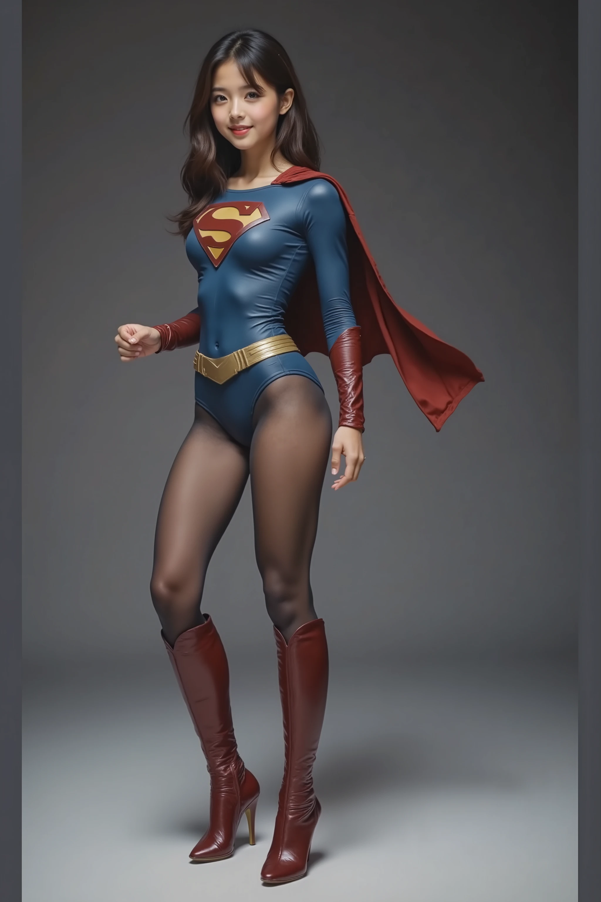 no background、((( let's legally express beautiful legs with black tights .)))、((( Legally Express the Beauty of Your Smile )))、((((Make the most of )))、(((supergirl costume on background)))、(((beautiful hair)))、(((pain)))、((( wear black tights ....、Wear red boots)))、((best image quality、8k))、((top quality、8k、masterpiece:1.Wave Backgrounds )))、intense concentration:1.2、beautiful women with perfect bodies:1.4、Thin abdominal muscles:1.2、wet body:1.5、highly detailed face and skin texture、8k
