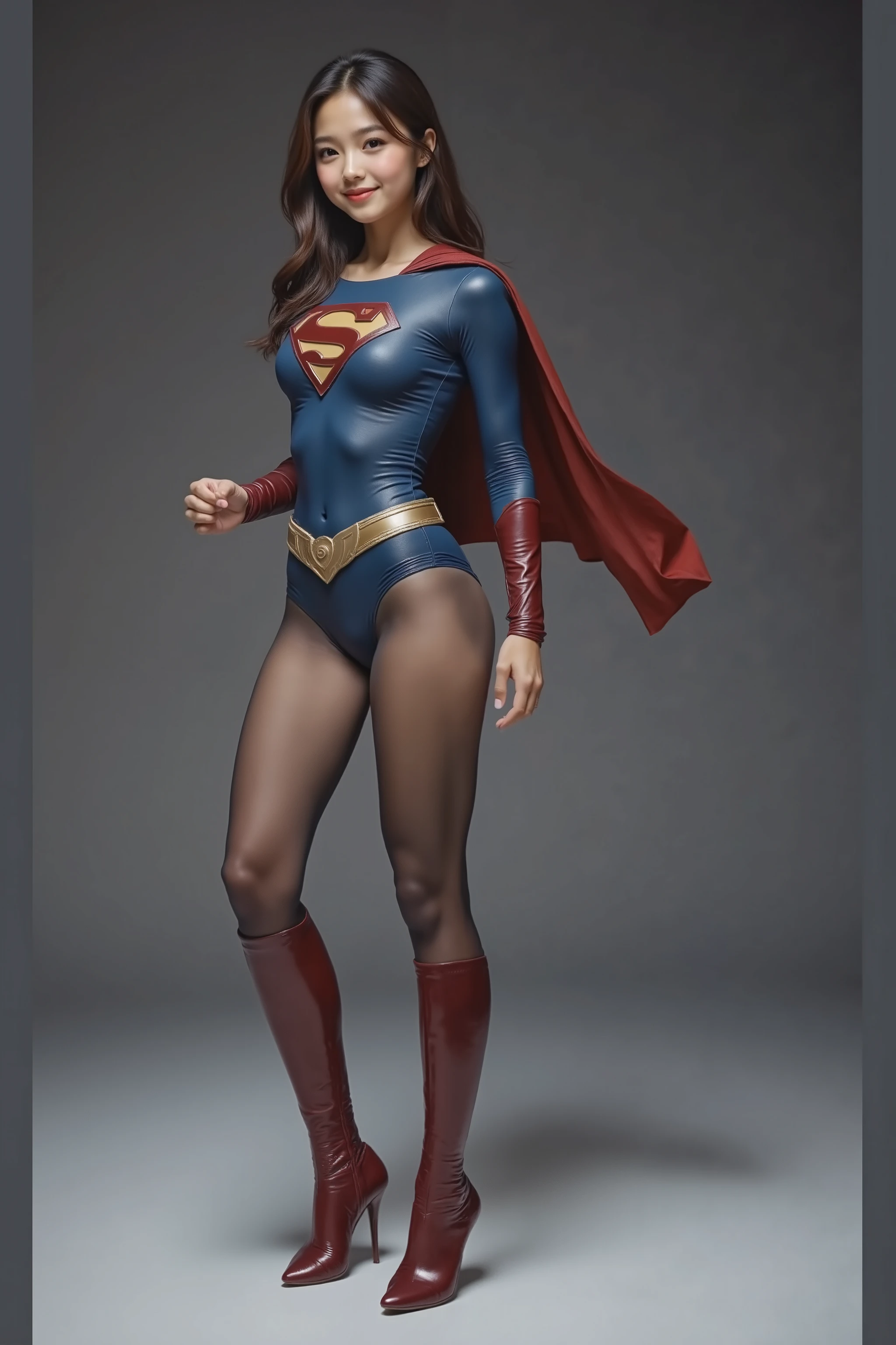 no background、((( let's legally express beautiful legs with black tights .)))、((( Legally Express the Beauty of Your Smile )))、((((Make the most of )))、(((supergirl costume on background)))、(((beautiful hair)))、(((pain)))、((( wear black tights ....、Wear red boots)))、((best image quality、8k))、((top quality、8k、masterpiece:1.Wave Backgrounds )))、intense concentration:1.2、beautiful women with perfect bodies:1.4、Thin abdominal muscles:1.2、wet body:1.5、highly detailed face and skin texture、8k