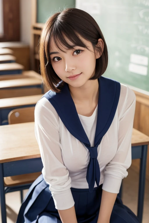 (in 8K、top-quality、​masterpiece:1.2)、(realisitic、Photorealsitic:1.37)、ultra-detailliert、1 girl、cute little、solo、‎Classroom、natta、(A smile:1.15)、Colossal 、Fine and beautiful eyes、(shirt with collar:1.1)、White blouse、Float NovaFrogStyle、Adults、amorous、Gloss、Kamimei、I can see her 