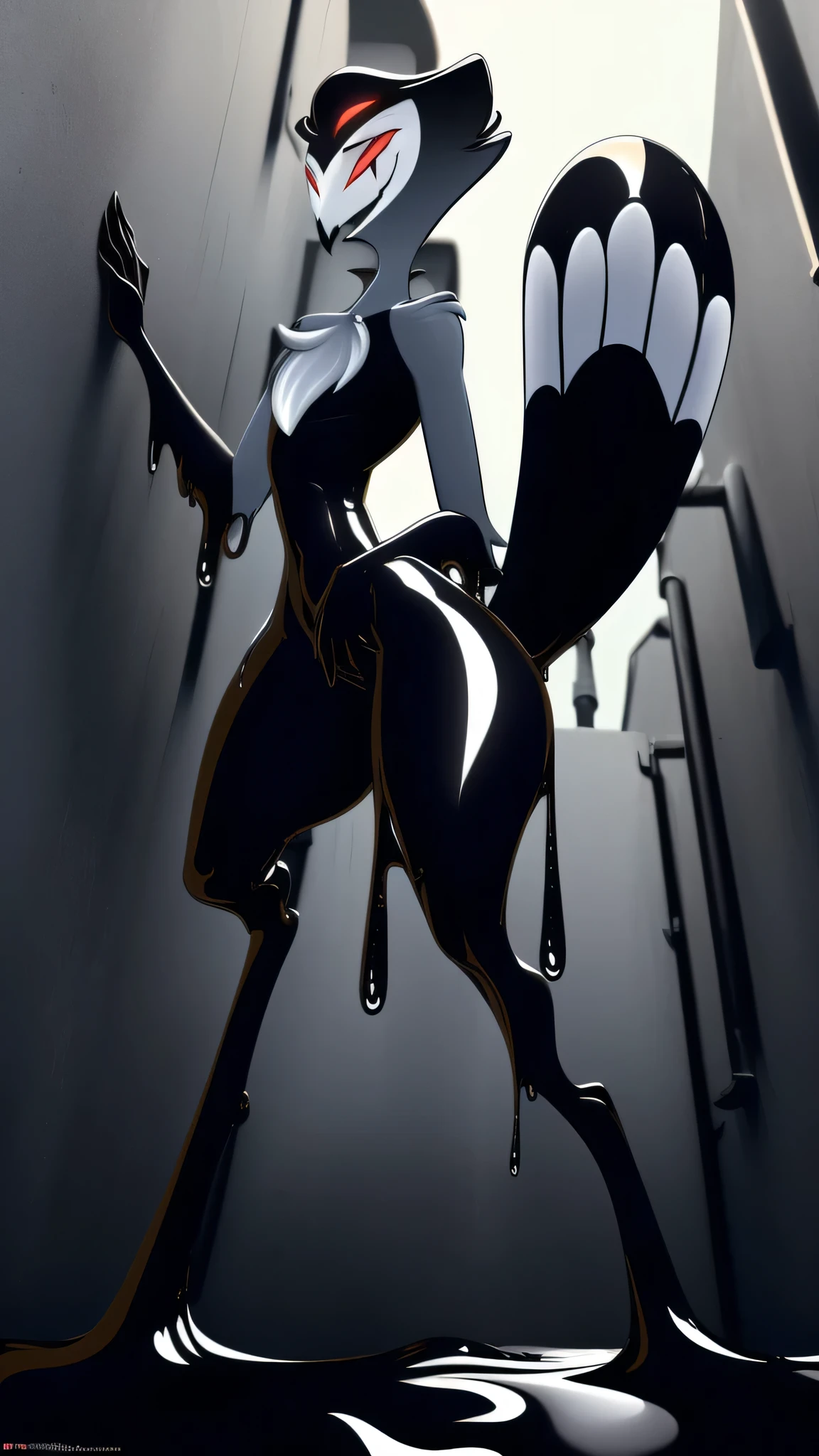 Tanraak (style), ((masterpiece)), ((8k quality)), (no watermark), stolas, male, sleek, shiny black slime body, long tail feathers, shiny, slick, goo, gooey, wide hips, black goo, dripping goo, black body, bs, avain tail, avian, thighs, butt, seductive pose, one hand grabbing hips, melting, detailed alley, glistening, front view, low angle view