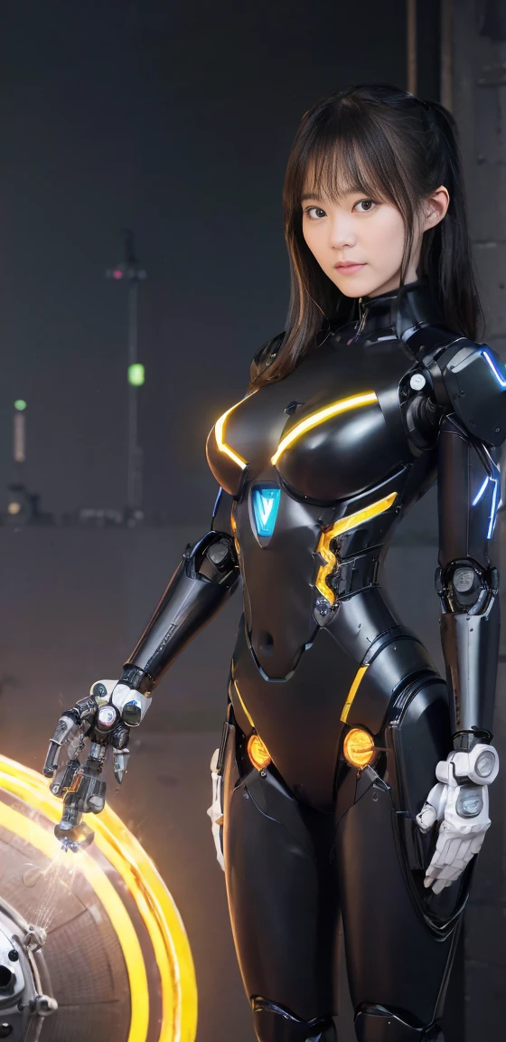 (((a powered exoskeleton))),(((foot robot armor))),(((robot helmet))),(((robot arm equipment))),(((Standing))),(((outstretched arms))),(((spread legs))),(((bare inner thigh))),(((Show cleavage))), (((double-breasted, underbust:1.2))), ulzzang-6500-v1.1, (Raw photo:1.2), (Photo realistic:1.4), a beautiful detailed girl, extremely detailed eye and face, beautiful detailed eyes, ultra-detailed, High resolution, top-quality, ​masterpiece, highly detailed, 8k wallpaper, Wonderful, finely detail, top-quality, Light on the face, movie lighting, 1girl in, (robot hangar), Beautiful eyes, smile, Opening Mouth
