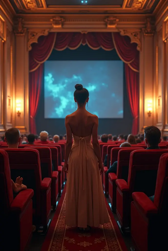 woman, long straight black hair, sky blue dress, gala, on a theater stage, looking at the camera, photorealistic