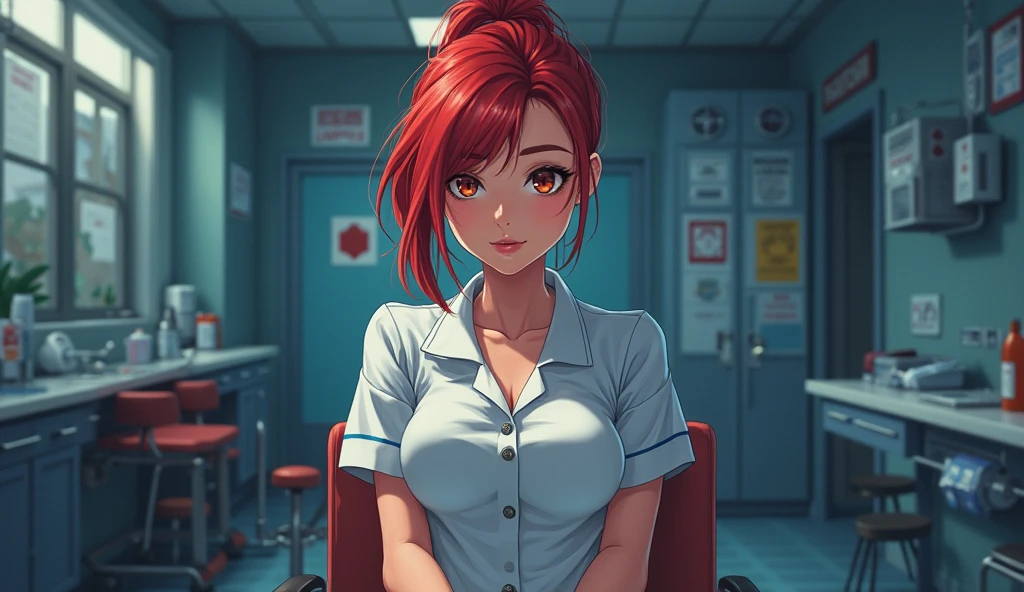 Woman 30 years, beautiful, short red hair, nurse, tight white clothing, unbuttoned blouse, no buttons, no bra, no bra, beautiful face, medium breasts, wet and soft, leaning forward, arms and hands resting on the leg, close,, sensual pose, , slightly wide hips, side view, nice slender thighs, head turned to look at viewer, perfect hands,