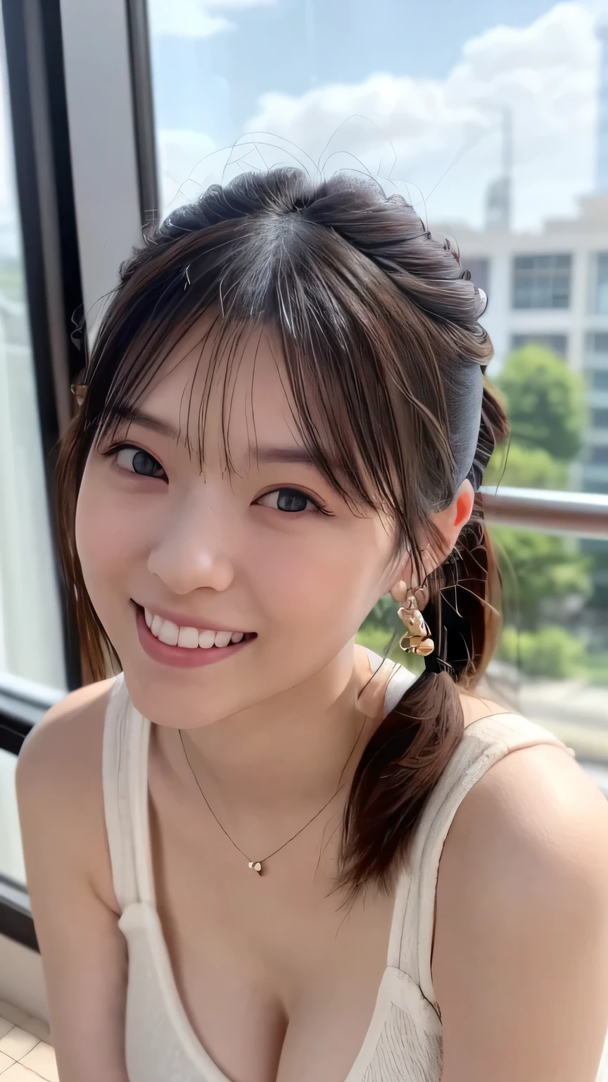 1 Japanese beauty , depth off field, first-person view, f/1.8, 135mm, Nikon, 超high definition, retina, masterpiece, accurate, anatomically correct, textured skin,Very white skin、 clear skin 、 Super Detail, high detail, high quality, Best Quality, high definition, 1080P, high definition, 8k, (big boob:1.2), (deep cleavage:1.2)、Japanese beauty 1 person, (Big round eyes:1.4)、iris heterochromia、Dolly Make、round face、She is smiling very happily、INSANELY BEST SMILE、is smiling with her mouth open、Her front teeth are neatly arranged、(Braided Top Knot,twisted side part ponytail、Braided Headband,half up、Braided Space Bun,voluminous fishtail braid,Twisty Bang)、(She's wearing a peplum(White))、Her chest is wide open and looks awesome、Her clothes are so thin that you can see through her cute nipples、office at sunset、She is sitting in a window seat、I can see a skyscraper city out the window