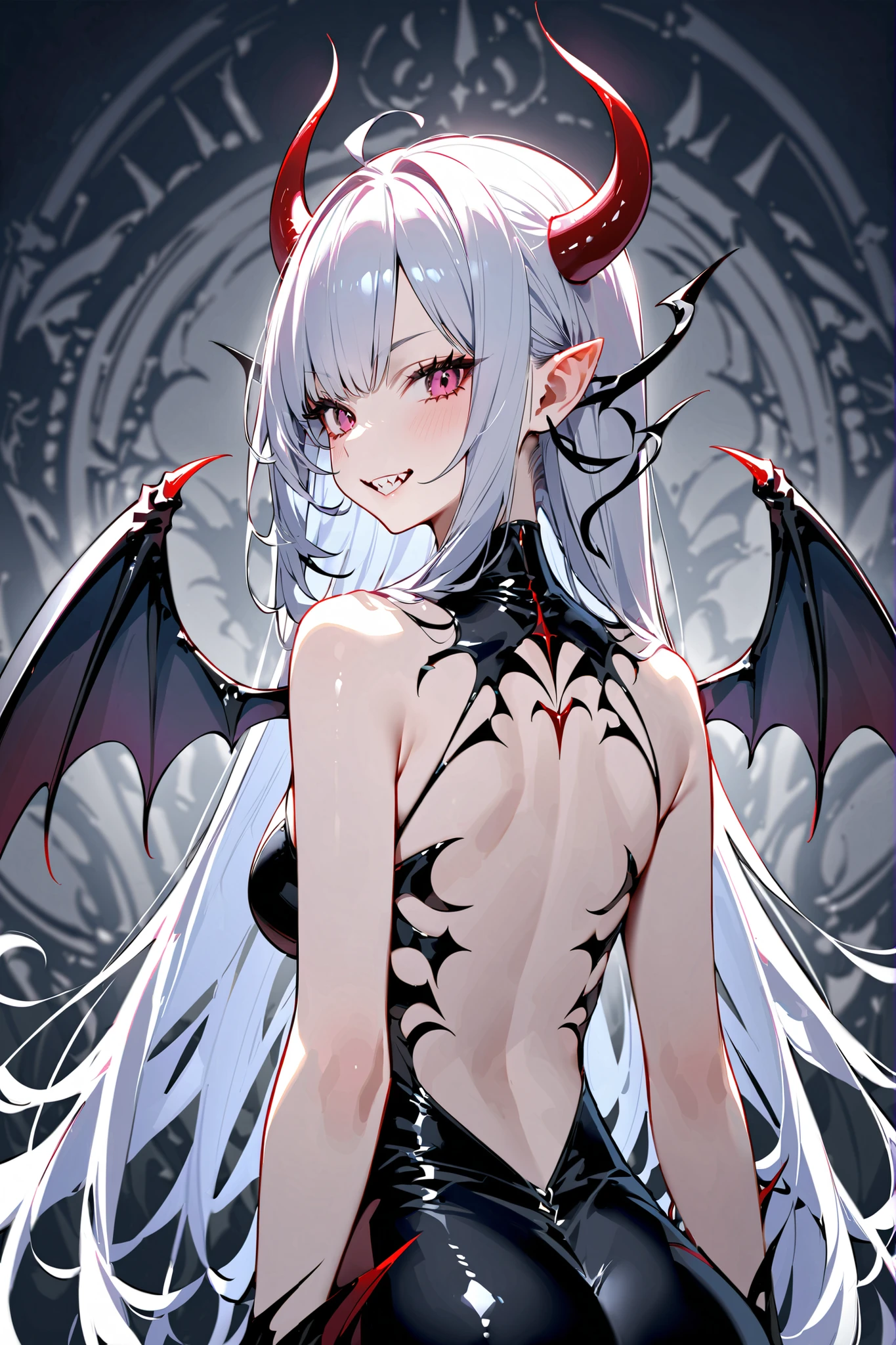 best quality, masterpiece, highres, solo, {vampire_azurlane:1.15}, long_hair, red_eyes, twintails, hair_between_eyes, ribbon, white_hair, bangs, hair_ribbon, blush, smile, red_ribbon, breasts, small_breasts, fang, very_long_hair, hair_ornament, open_mouth, bikini, black_bikini, swimsuit, 1girl, bare_shoulders, black_dress, detached_sleeves, dress, looking_at_viewer, collarbone, long_sleeves, strapless_dress, wide_sleeves, strapless, :p, cleavage, tongue, tongue_out, fingernails, frills, jewelry, closed_mouth, ring, slit_pupils, wings
