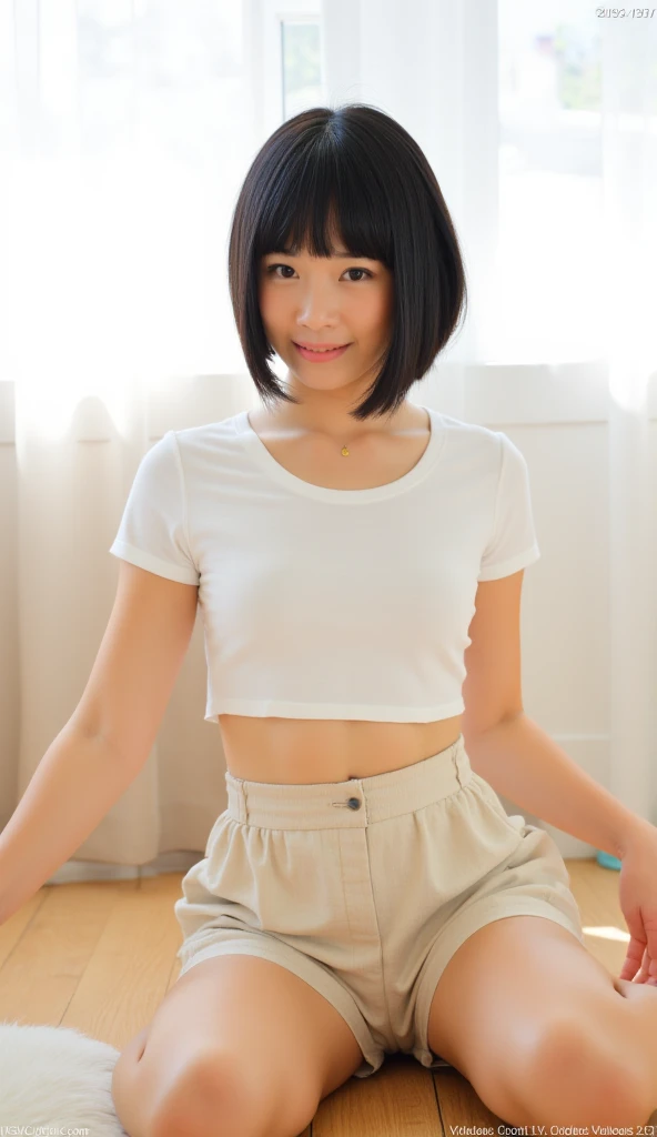 girl standing in wooden school classroom,white plain t-shirt,white speedo briefs with pink heart mark in center,18-year-old,bangs,a little smile,large bare thighs,knees,legs apart,short hair with low pigtails,from before,front light