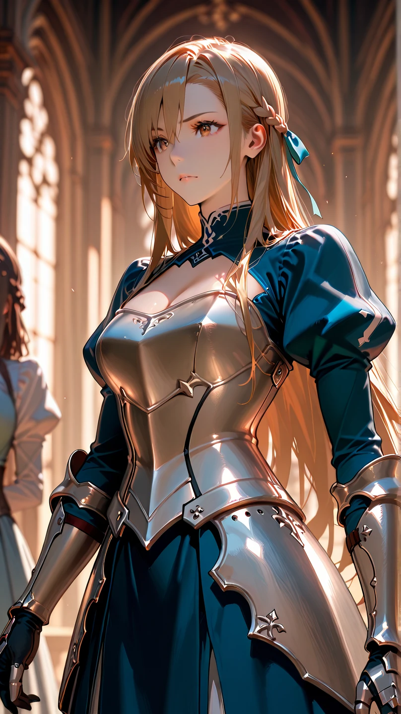 (Ultra extreme detailed),(Masterpiece),(Ultra extreme),(Realistic),CG,(color:1.2), Strong lighting,Light from behind,evaluation:Safety,A blonde person alone, 赤color,Blonde twin tails,Green Eyes, shrite,short_light armor、、Tights Knee Socks、Holding a bow、archery、shoulder pads、Chest pads、hunter